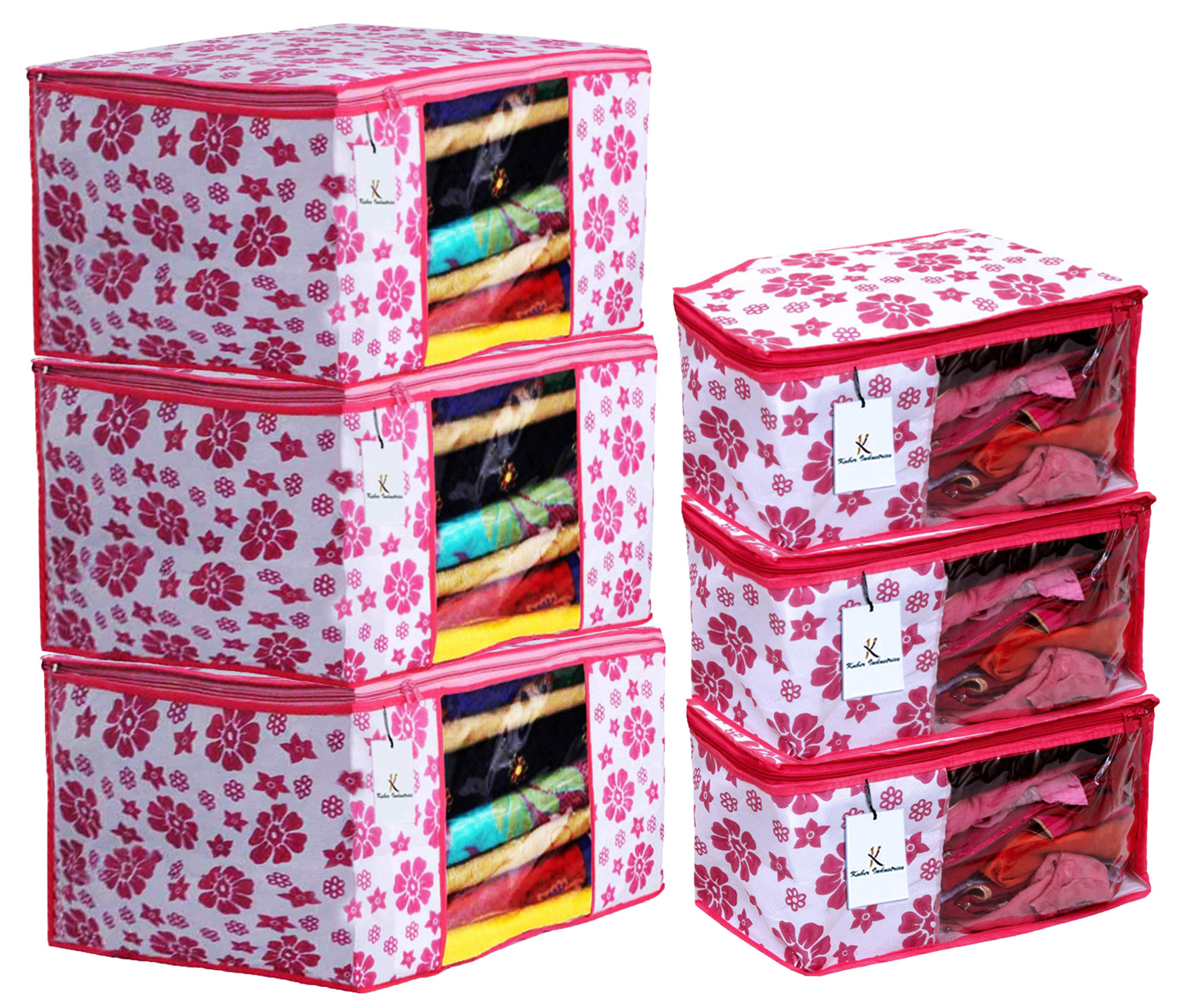 Kuber Industries Flower Design Non Woven Saree Cover/Cloth Wardrobe Organizer And Blouse Cover Combo Set (Pink) -CTKTC38439