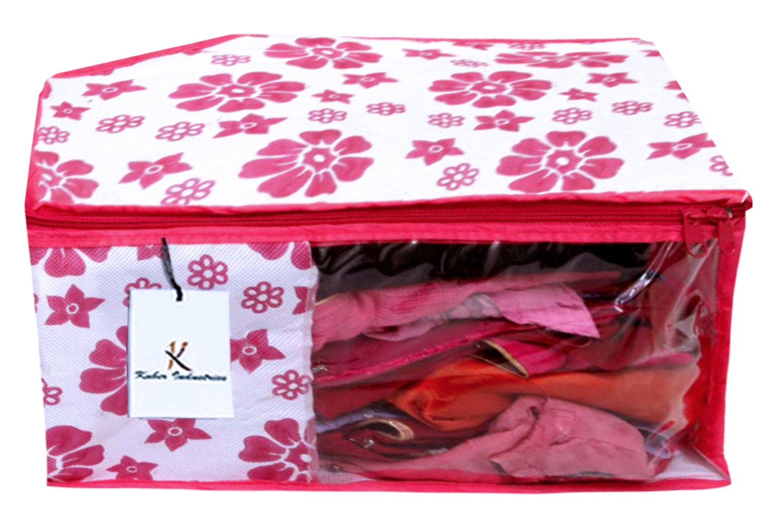 Kuber Industries Flower Design Non Woven Saree Cover/Cloth Wardrobe Organizer And Blouse Cover Combo Set (Pink) -CTKTC38439