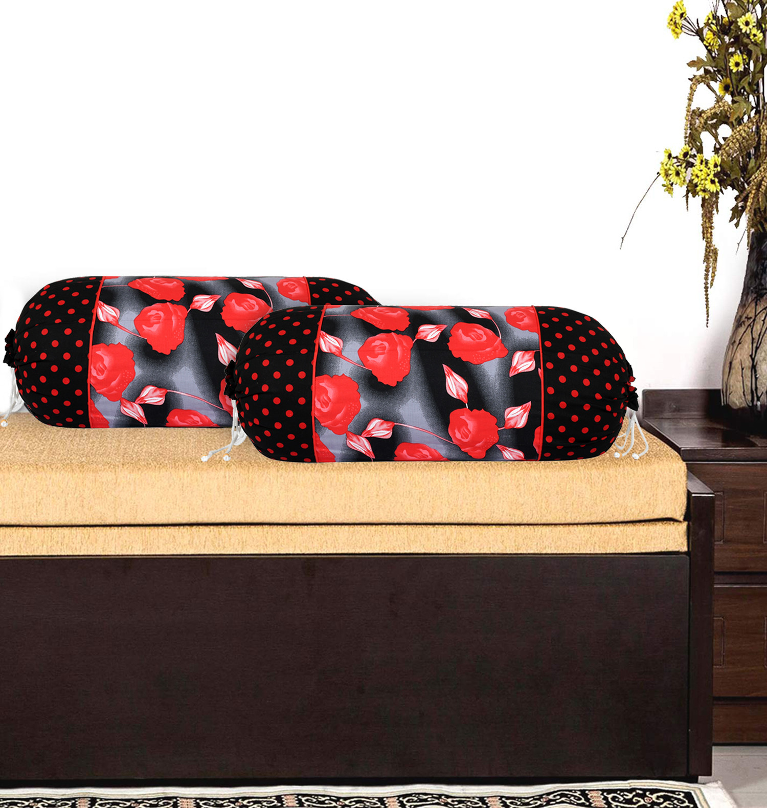 Kuber Industries Flower Design Premium Cotton Bolster Covers, 16 x 30 inch,(Black)
