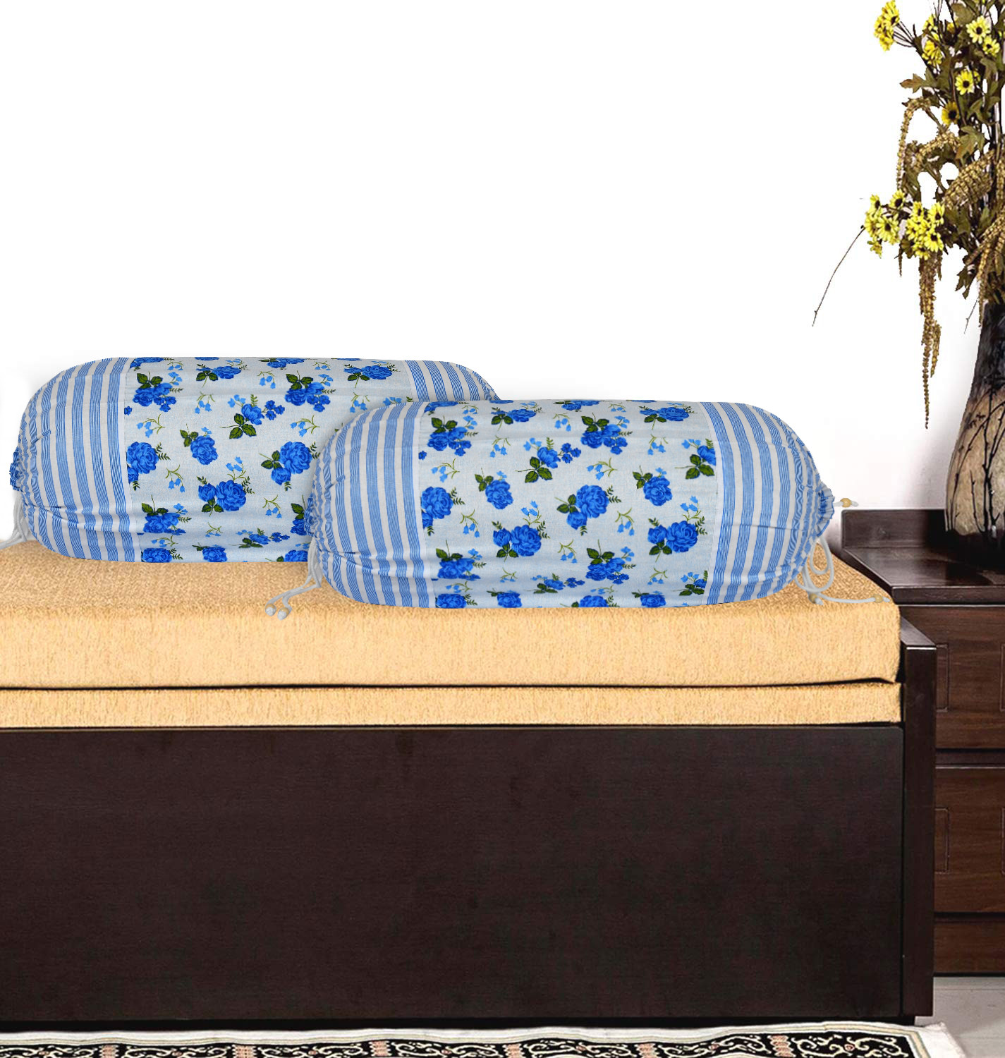 Kuber Industries Flower Design Premium Cotton Bolster Covers, 16 x 30 inch,(Blue)