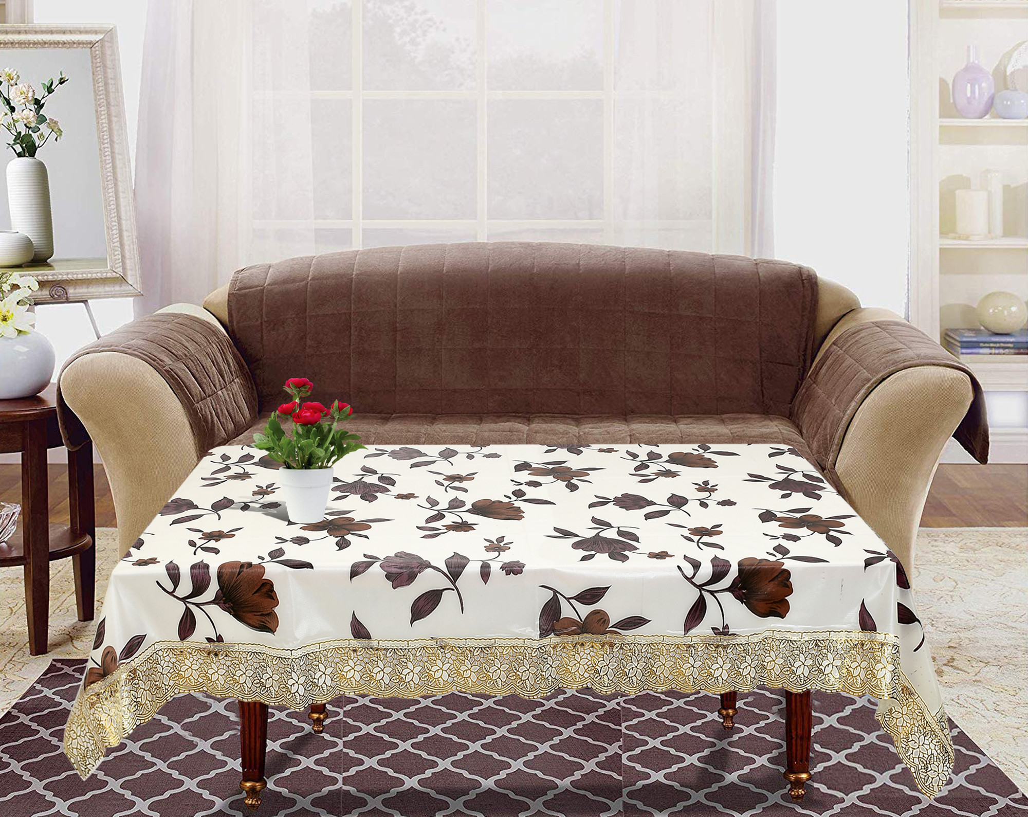 Kuber Industries Flower Design PVC 4 Seater Center Table Cover 40