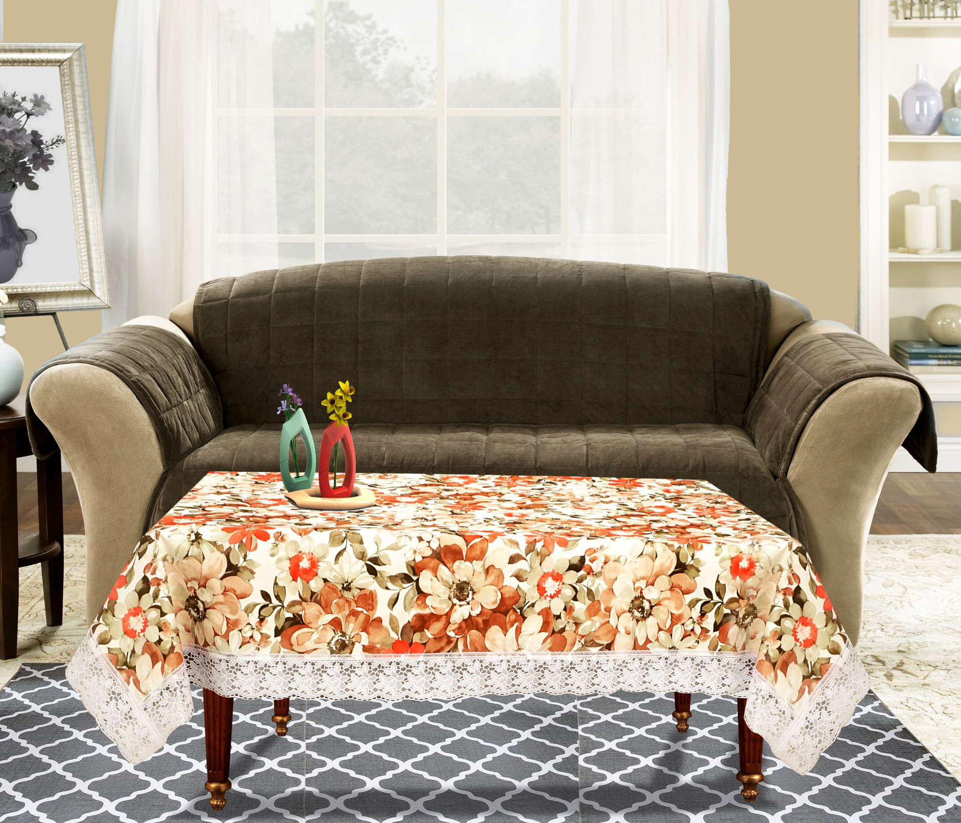Kuber Industries Flower Design PVC 4 Seater Center Table Cover 40