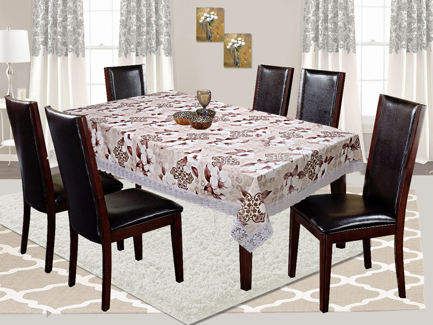 Kuber Industries Flower Design PVC 6 Seater Dining Table Cover 60x 90 Brown