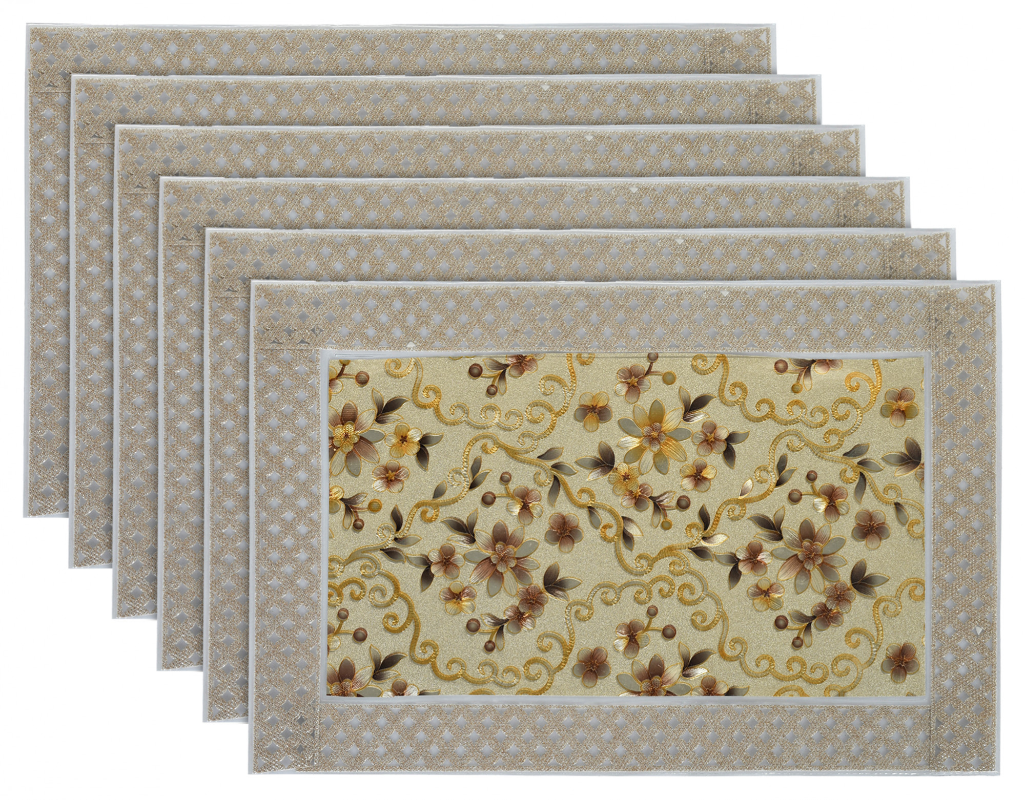 Kuber Industries Flower Design PVC Dining Table Placemat Set, Set of 6 (Gold)