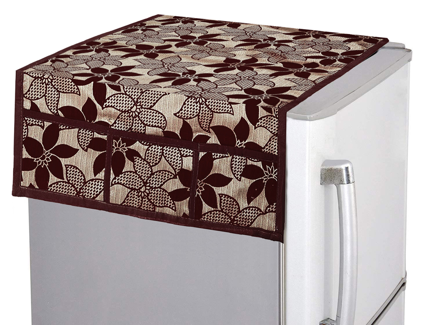 Kuber Industries Flower Design Velvet Fridge, Refrigerator, Side by Side, Double Door Top Cover, Protect For Scratches, Waterproof, Wear & Tear And Dust With 6 Utility Side Pockets (Brown)-HS_38_KUBMART21087