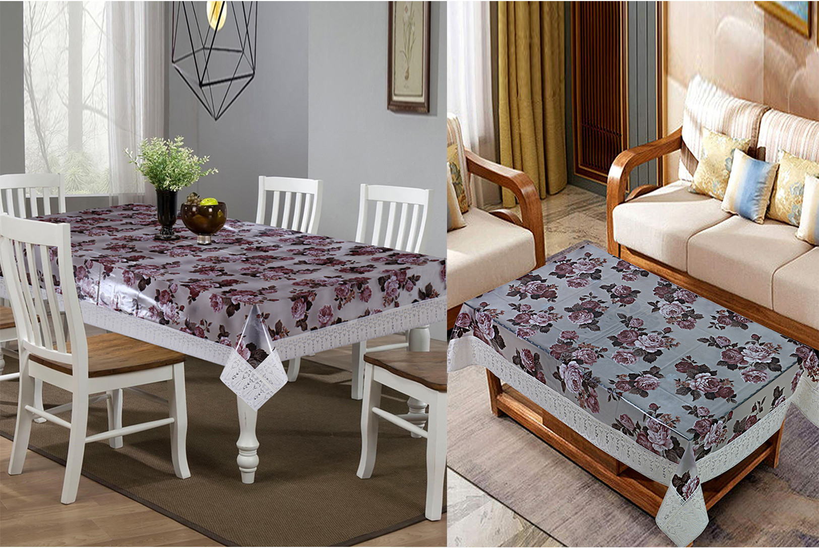 Kuber Industries Flower Design Waterproof Attractive Dining Table Cover & Center Table Cover for Home Decoration,(Cream)