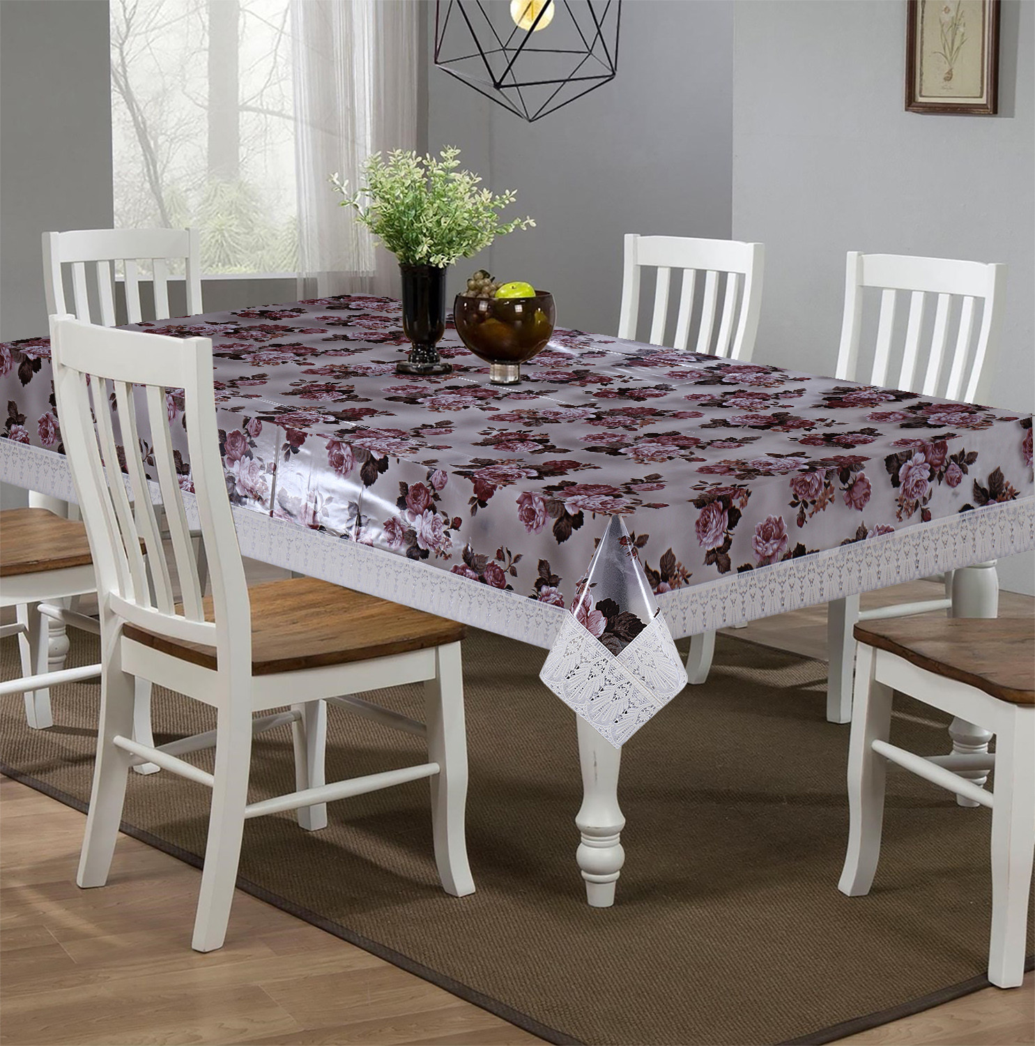 Kuber Industries Flower Design Waterproof Dining Table Cover|Tabletop for Home Decoration With Cream Lace Border, 60X90 inch (Cream)