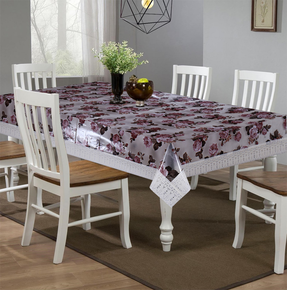 Kuber Industries Flower Design Waterproof Dining Table Cover|Tabletop for Home Decoration With Cream Lace Border, 60X90 inch (Cream)