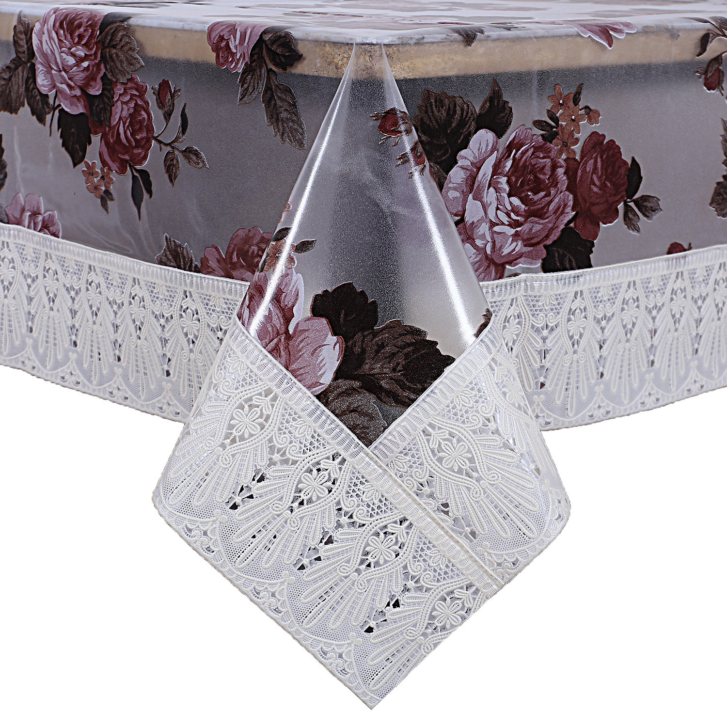 Kuber Industries Flower Design Waterproof Dining Table Cover|Tabletop for Home Decoration With Cream Lace Border, 60X90 inch (Cream)