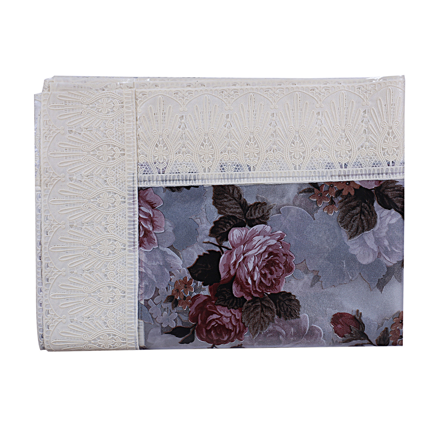Kuber Industries Flower Design Waterproof Dining Table Cover|Tabletop for Home Decoration With Cream Lace Border, 60X90 inch (Cream)