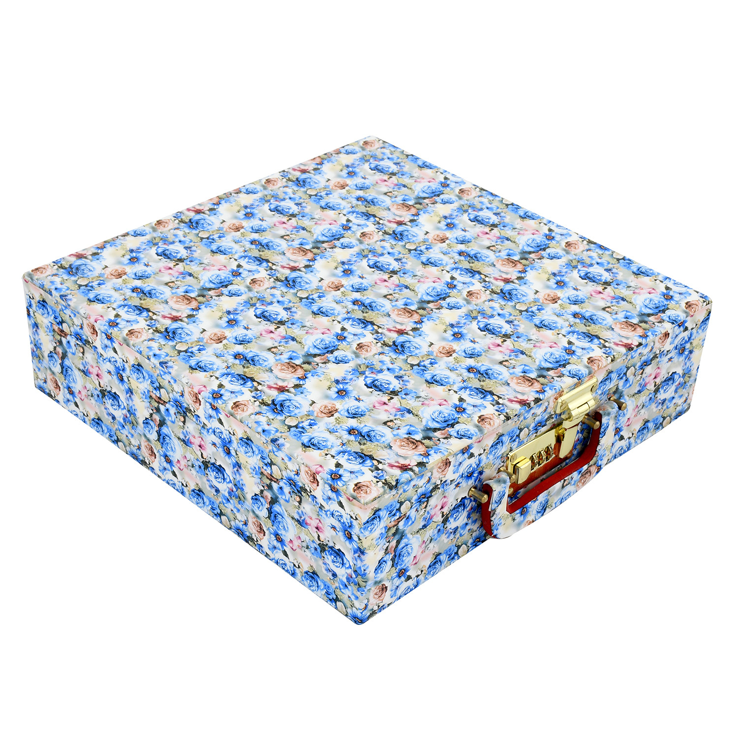 Kuber Industries Flower Design Wooden 1 Piece Four Rod Bangle Storage Box with Lock System (Blue)  -CTKTC42357