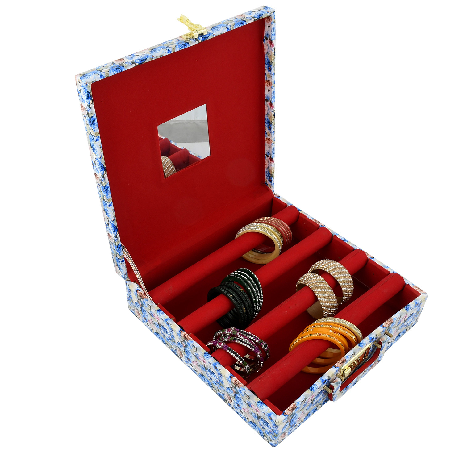 Kuber Industries Flower Design Wooden 1 Piece Four Rod Bangle Storage Box with Lock System (Blue)  -CTKTC42357