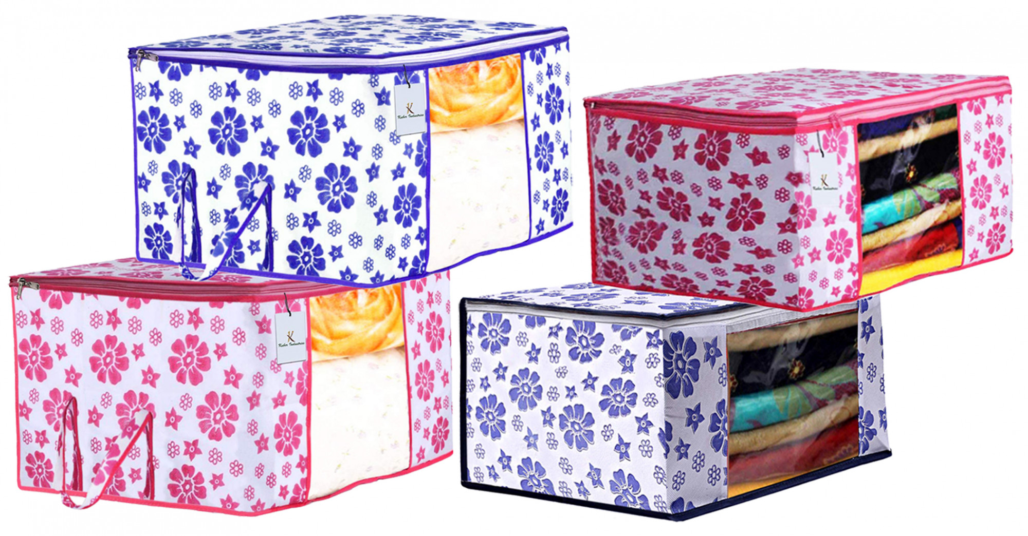 Kuber Industries Flower DesignNon Woven Saree Cover And Underbed Storage Bag, Storage Organiser, Blanket Cover, Pink & Blue  -CTKTC42367
