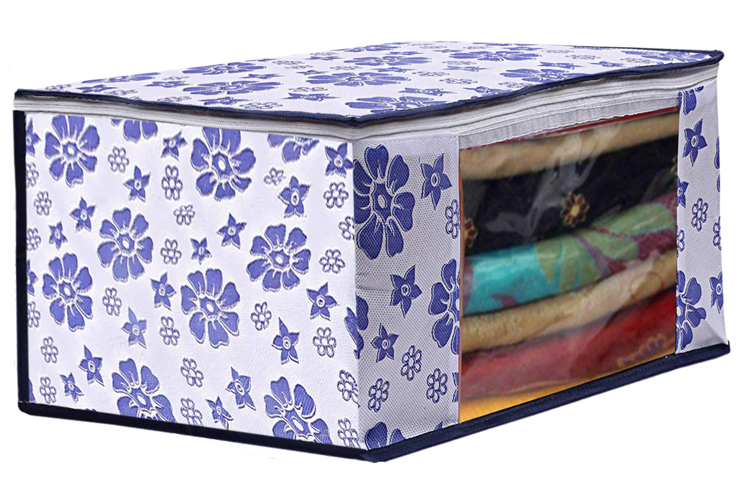 Kuber Industries Flower DesignNon Woven Saree Cover And Underbed Storage Bag, Storage Organiser, Blanket Cover, Pink & Blue  -CTKTC42367