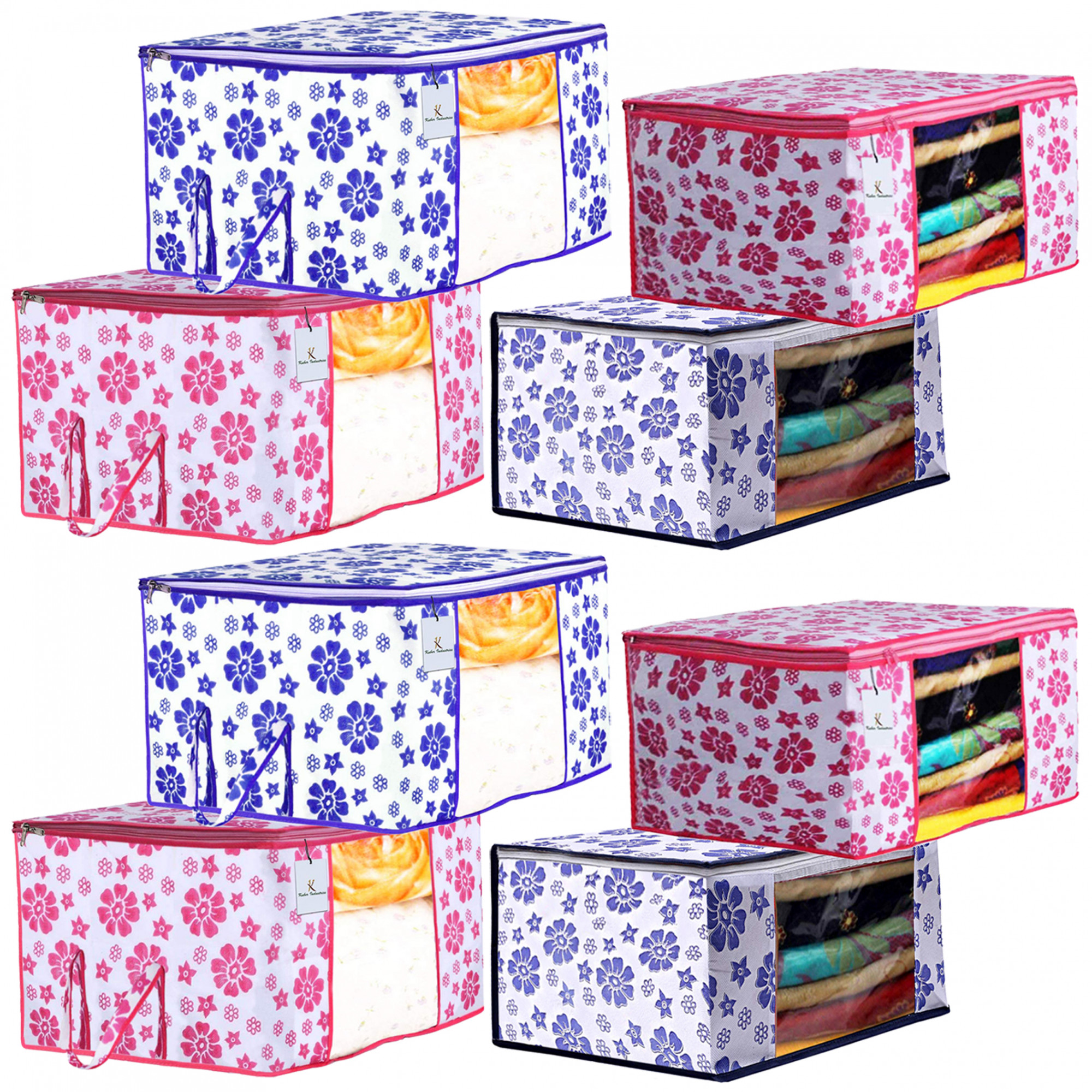 Kuber Industries Flower DesignNon Woven Saree Cover And Underbed Storage Bag, Storage Organiser, Blanket Cover, Pink & Blue  -CTKTC42367