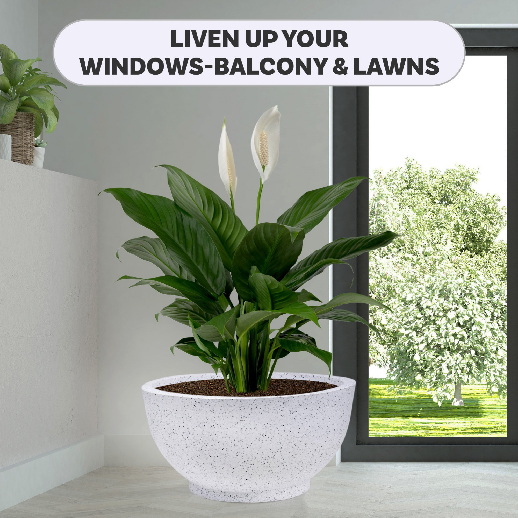 Kuber Industries Flower Pot | 18 Inch Lightweight Polymers Indoor-Outdoor Plant Pots | Flower Pot Gamla for Home-Lawns & Garden Décor | Flower Pot for Office | Marble Lotus | White