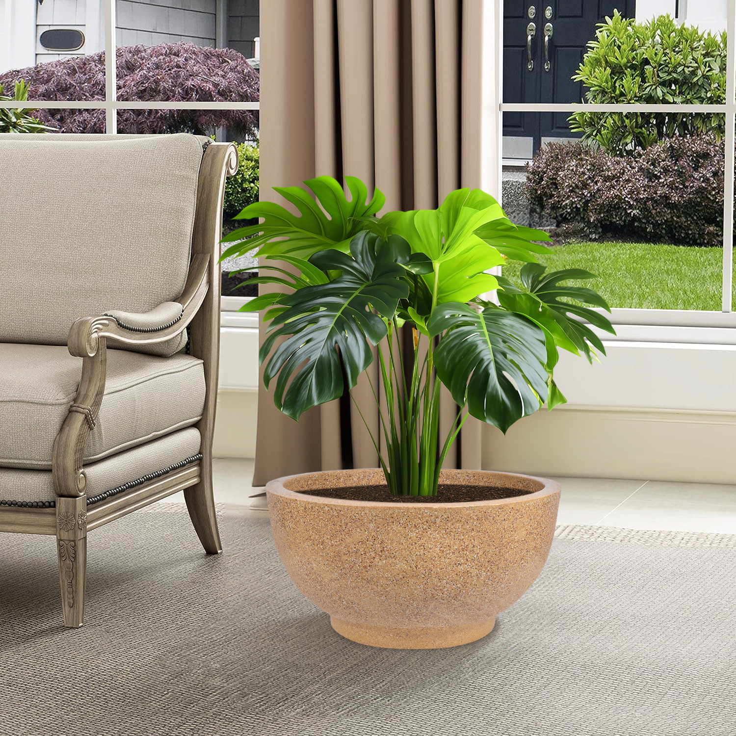 Kuber Industries Flower Pot | 18 Inch Lightweight Polymers Indoor-Outdoor Plant Pots | Flower Pot Gamla for Home-Lawns & Garden Décor | Flower Pot for Office | Marble Lotus | Sand