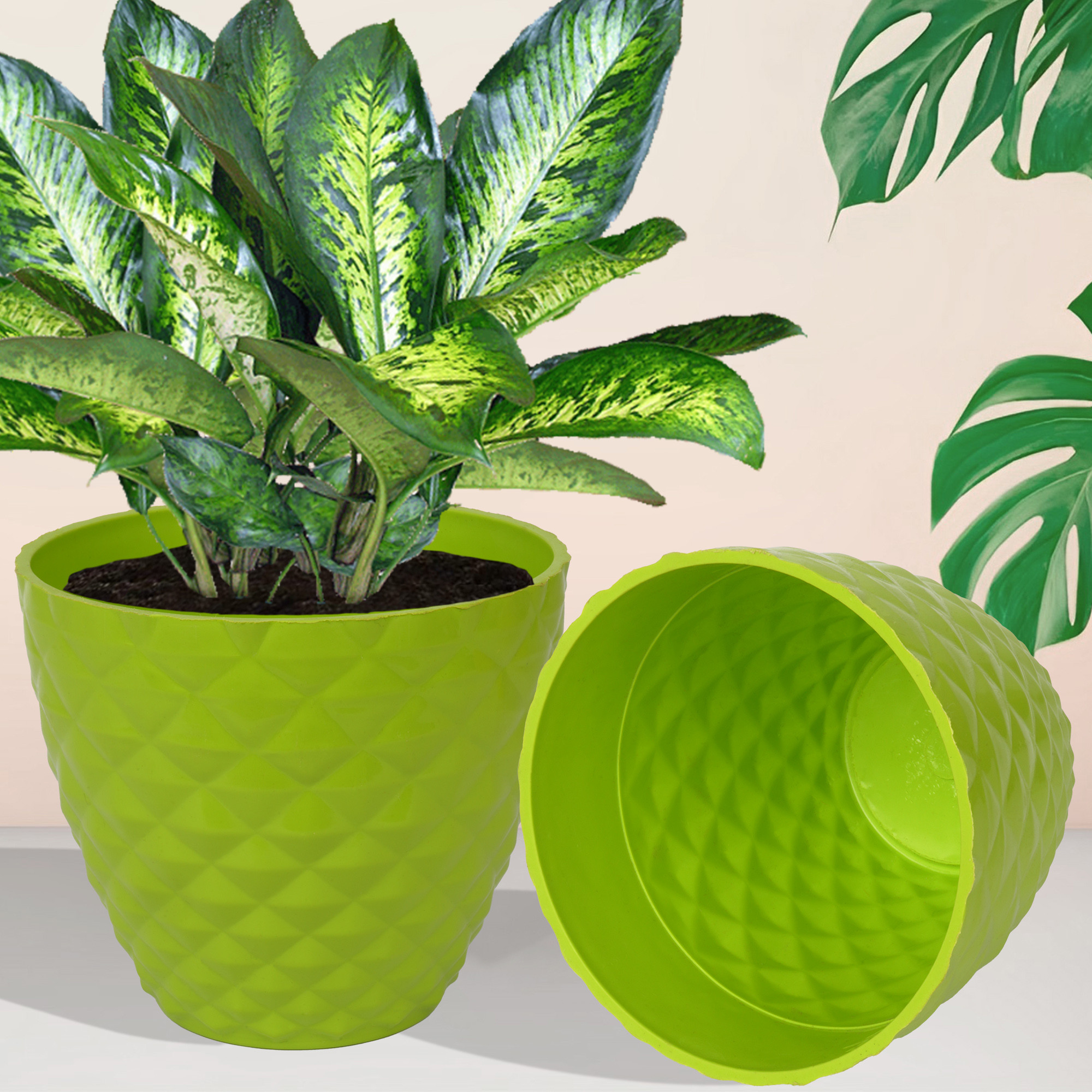Kuber Industries Flower Pot  Flower Planter Pots for Indoor  Flower Pots for Outdoor  Pot for Garden  Balcony Flowering  Flower Plants Pot  Diamond Flower Pot  6 Inch  Pack of 2  Green