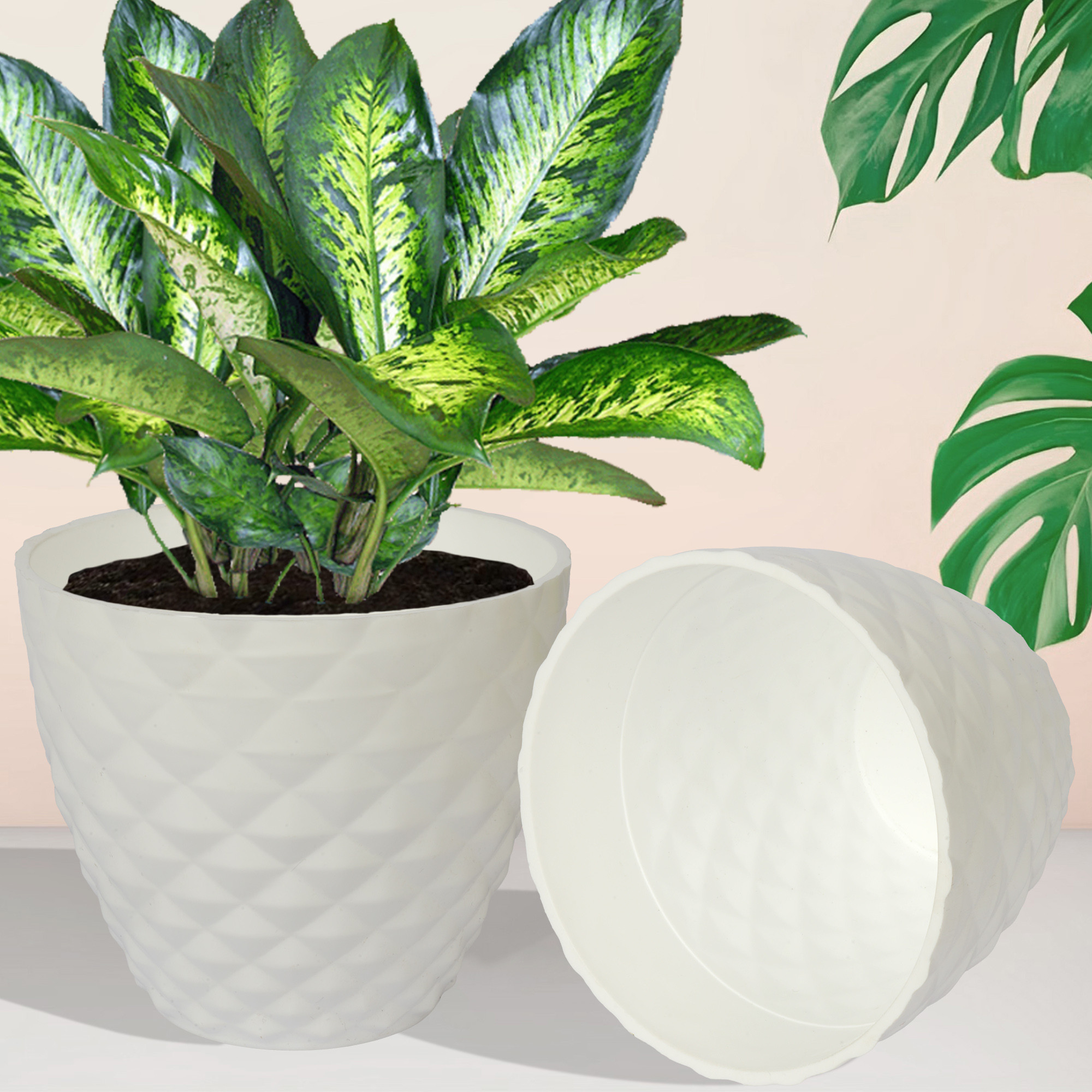 Kuber Industries Flower Pot | Flower Planter Pots for Indoor | Flower Pots for Outdoor | Pot for Garden & Balcony Flowering | Flower Plants Pot | Diamond Flower Pot | 6 Inch | White