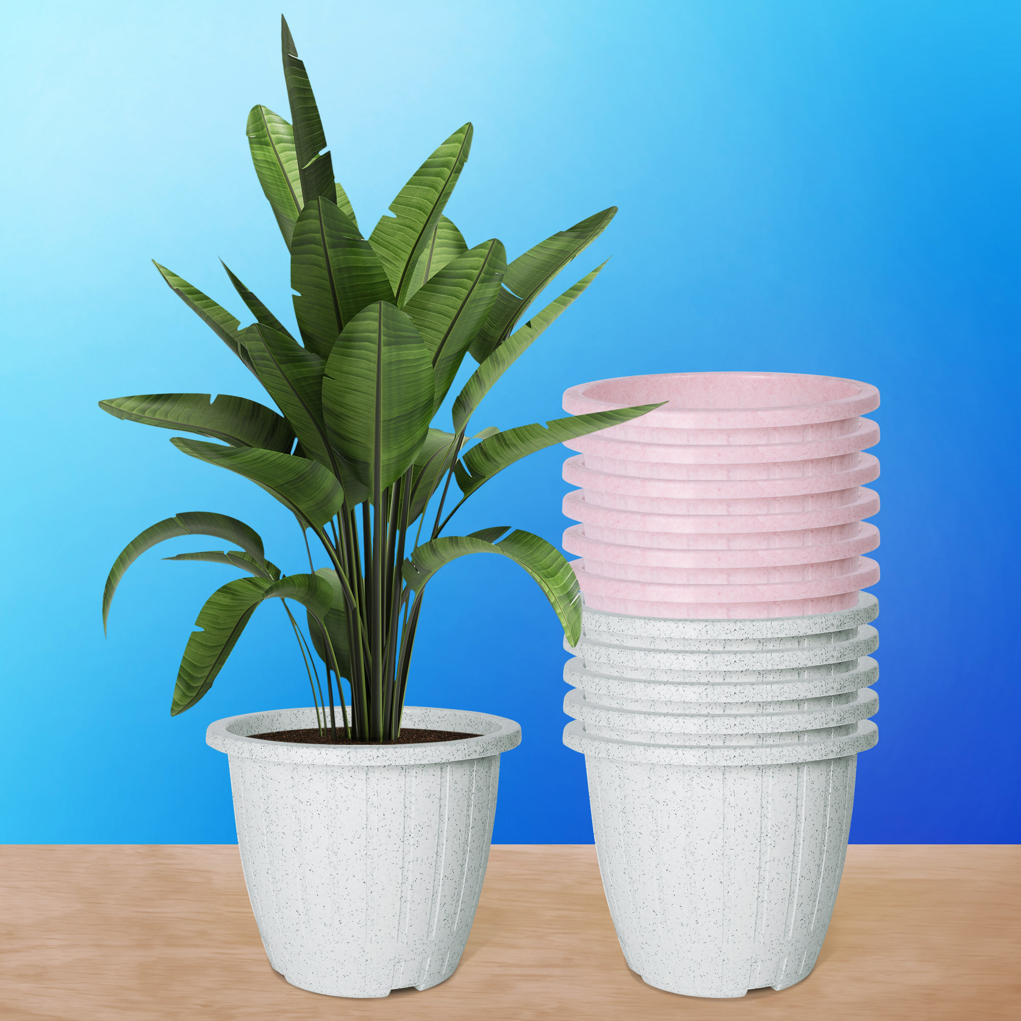 Kuber Industries Flower Pot | Flower Pot for Living Room | Planters for Home-Lawns & Gardening | Window Flower Pots for Balcony | Marble Duro | 8 Inch | White & Pink