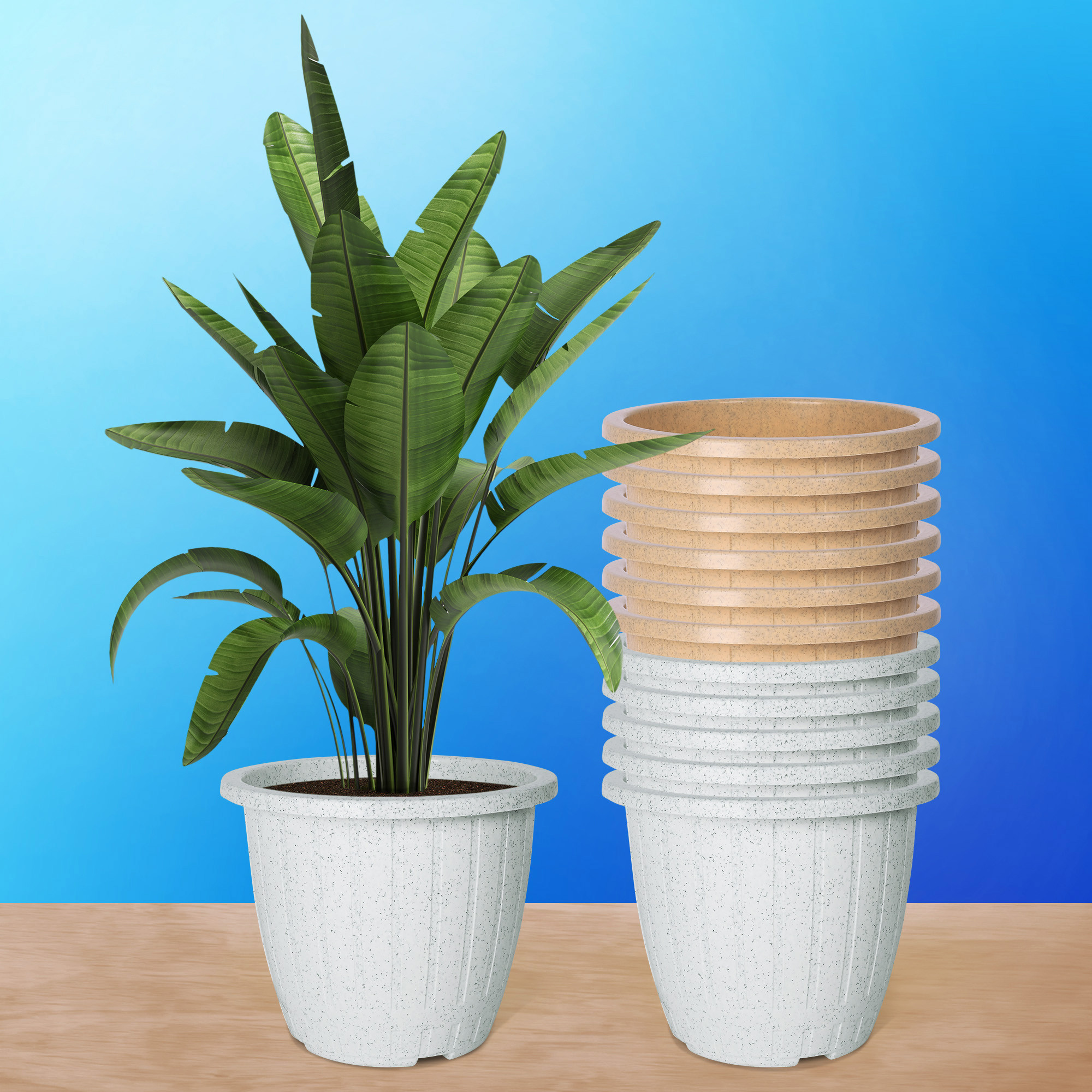 Kuber Industries Flower Pot | Flower Pot for Living Room | Planters for Home-Lawns & Gardening | Window Flower Pots for Balcony | Marble Duro | 8 Inch | White & Beige