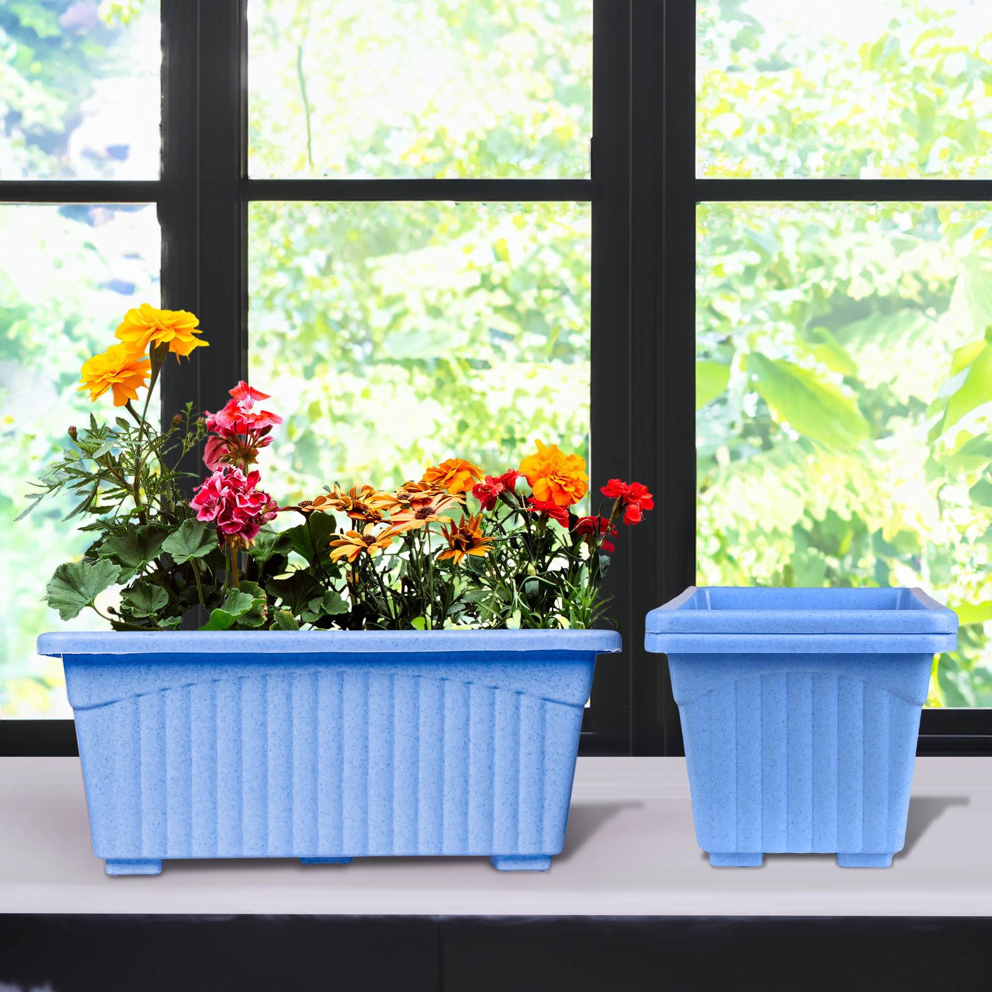 Kuber Industries Flower Pot | Flower Pot for Living Room-Office | Flower Planters for Home-Lawns & Gardening | Window Planters | Flower Pots for Balcony | Marble Jupitar | Sky Blue