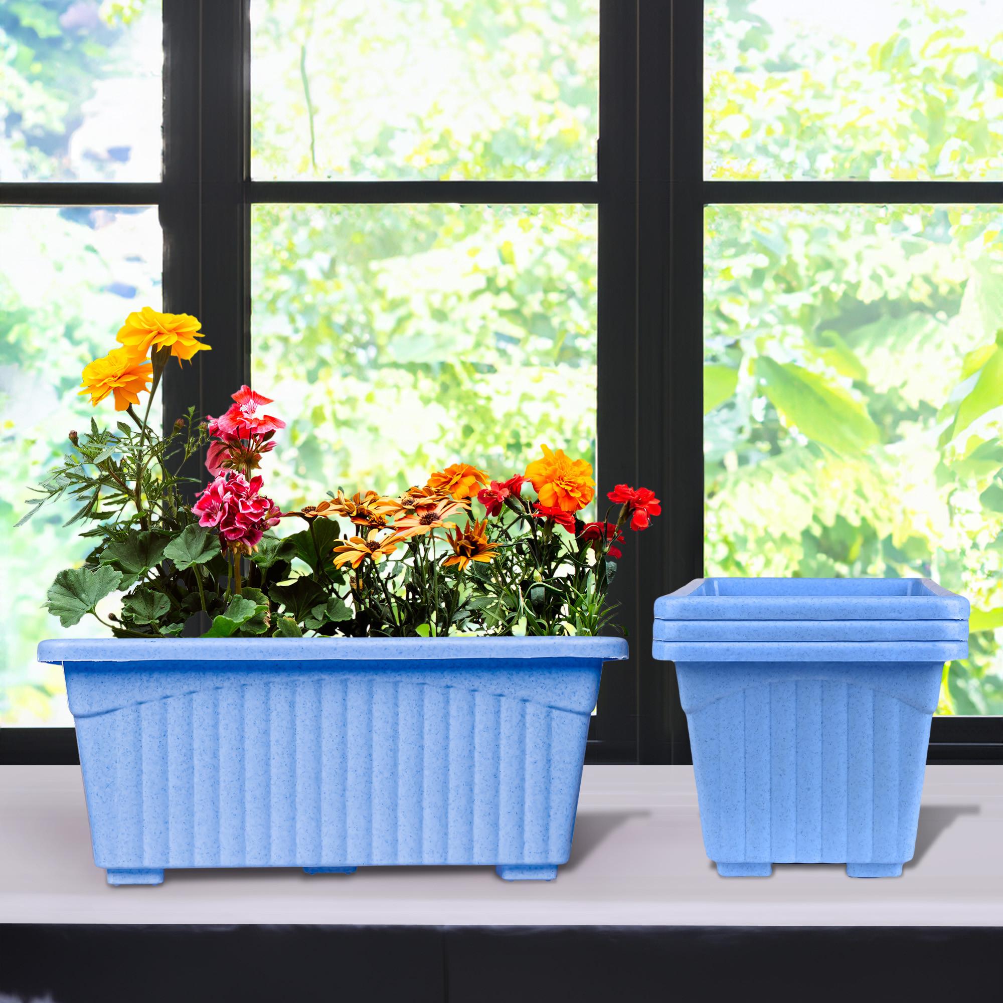 Kuber Industries Flower Pot | Flower Pot for Living Room-Office | Flower Planters for Home-Lawns & Gardening | Window Planters | Flower Pots for Balcony | Marble Jupitar | Sky Blue