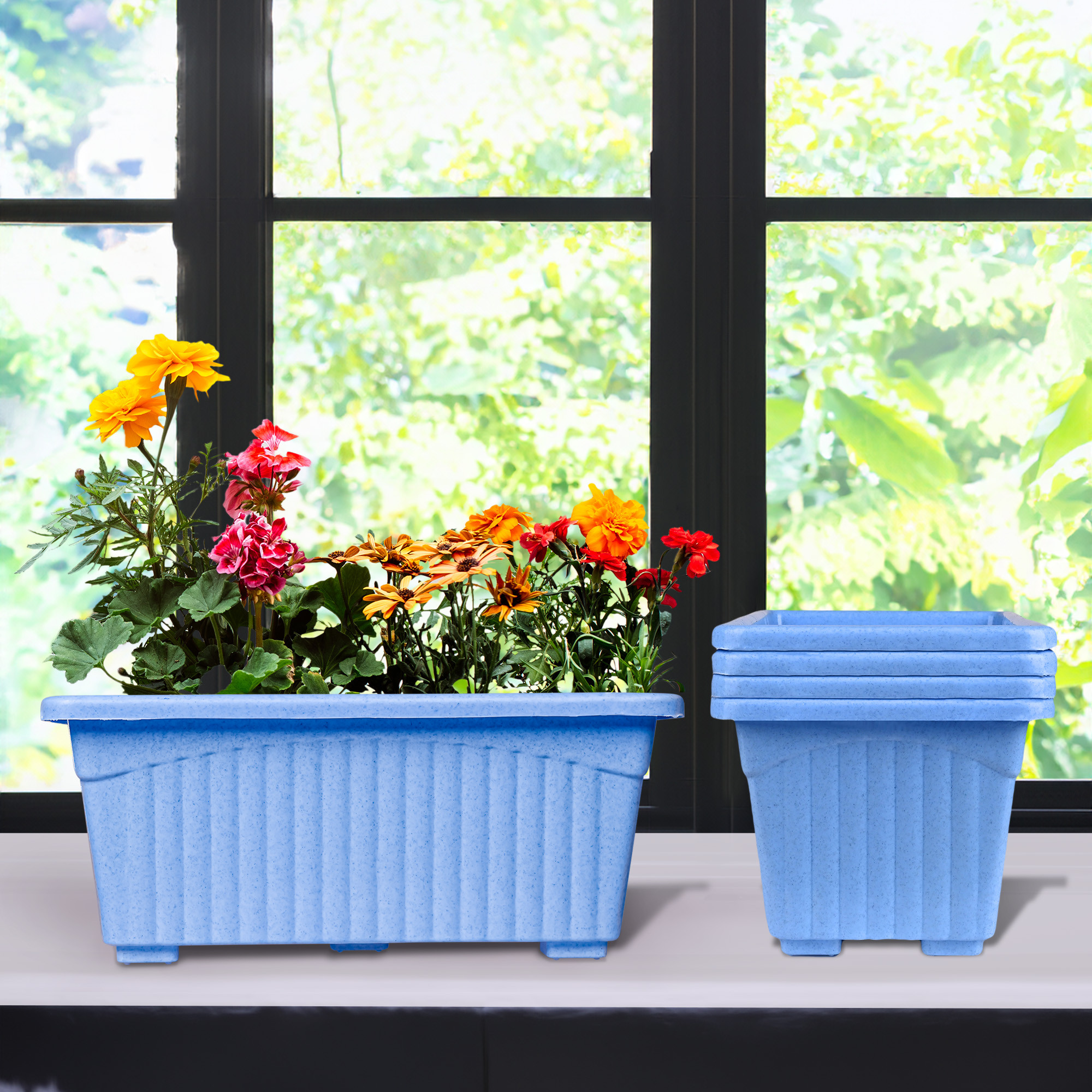 Kuber Industries Flower Pot | Flower Pot for Living Room-Office | Flower Planters for Home-Lawns & Gardening | Window Planters | Flower Pots for Balcony | Marble Jupitar | Sky Blue