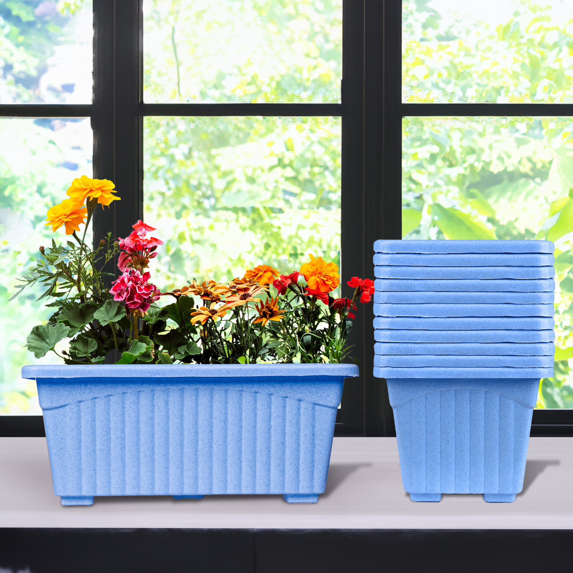 Kuber Industries Flower Pot | Flower Pot for Living Room-Office | Flower Planters for Home-Lawns & Gardening | Window Planters | Flower Pots for Balcony | Marble Jupitar | Sky Blue