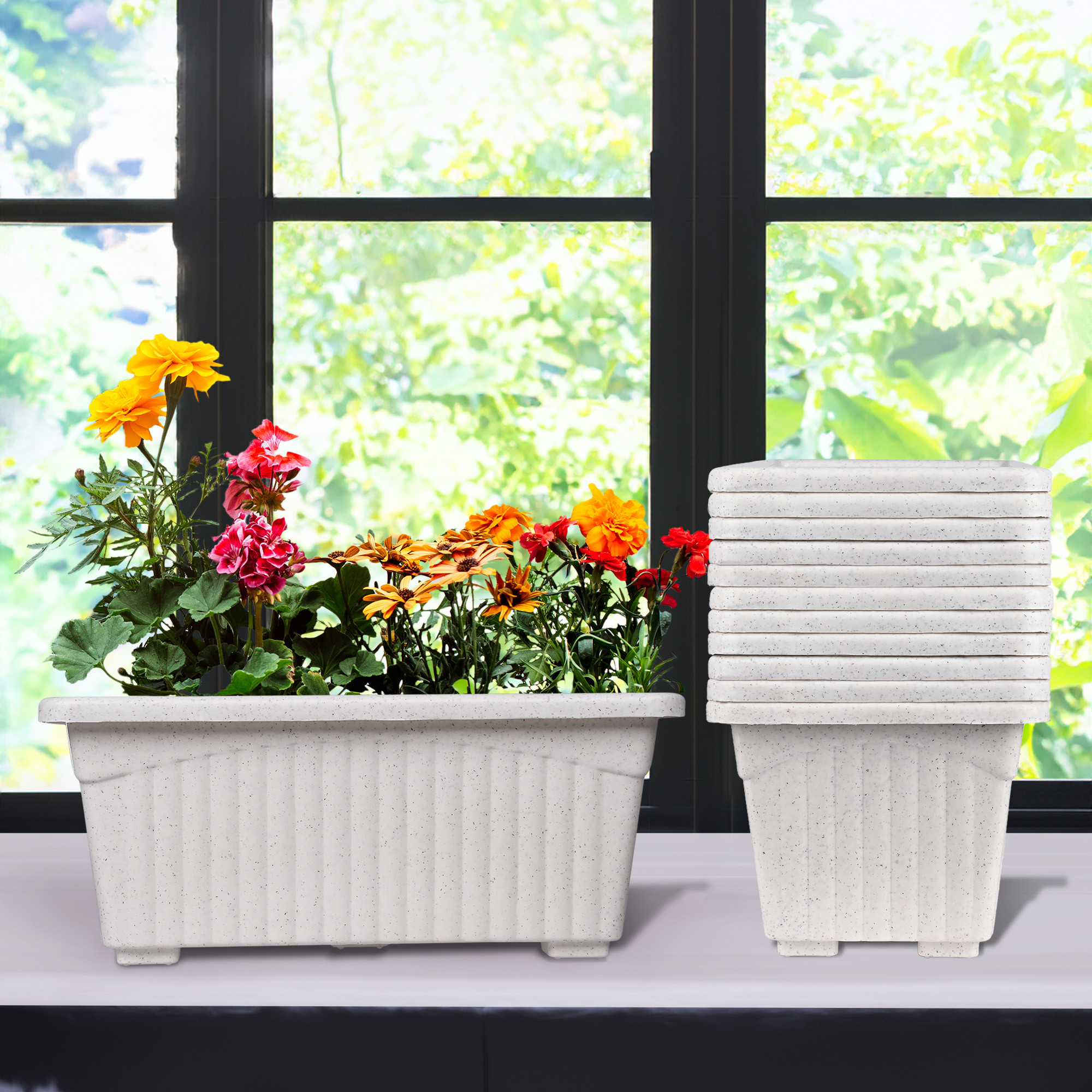 Kuber Industries Flower Pot | Flower Pot for Living Room-Office | Flower Planters for Home-Lawns & Gardening | Window Planters | Flower Pots for Balcony | Marble Jupitar | White