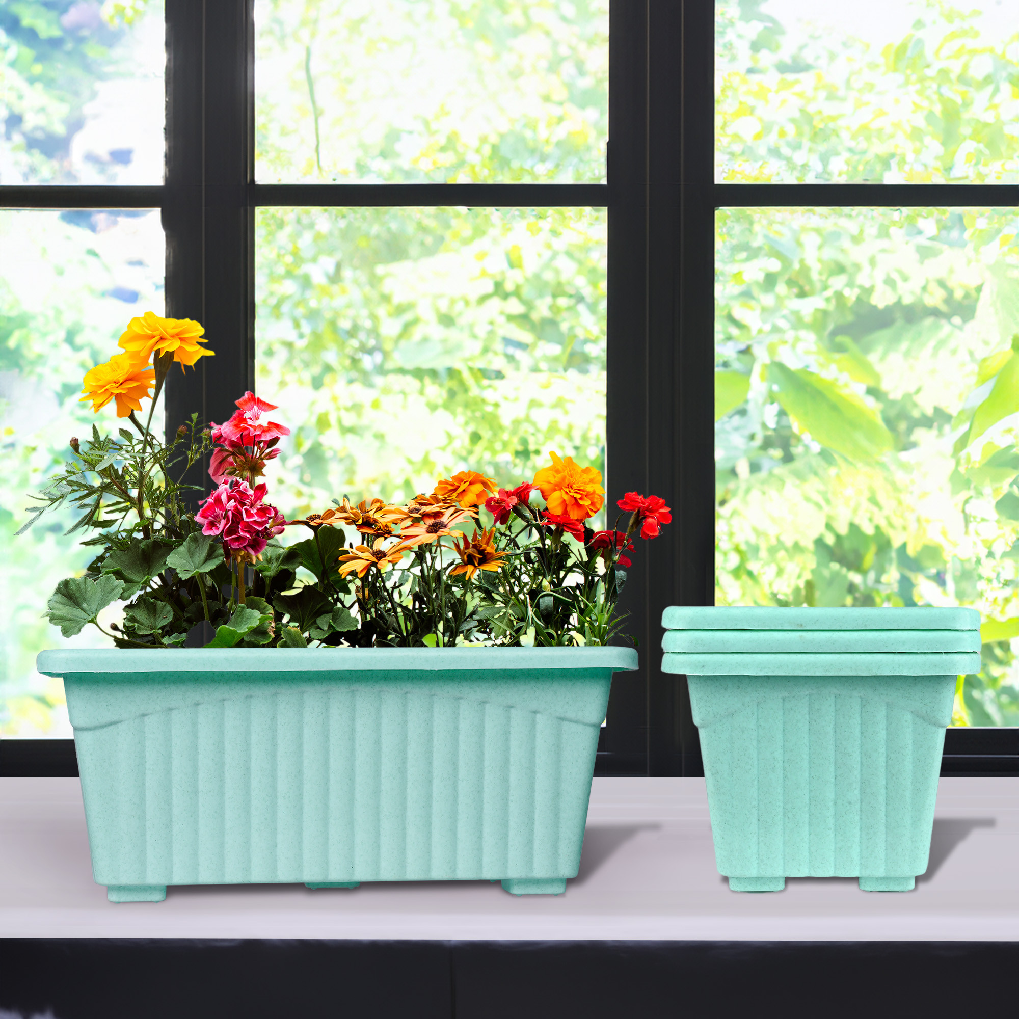 Kuber Industries Flower Pot | Flower Pot for Living Room-Office | Flower Planters for Home-Lawns & Gardening | Window Planters | Flower Pots for Balcony | Marble Jupitar | Green