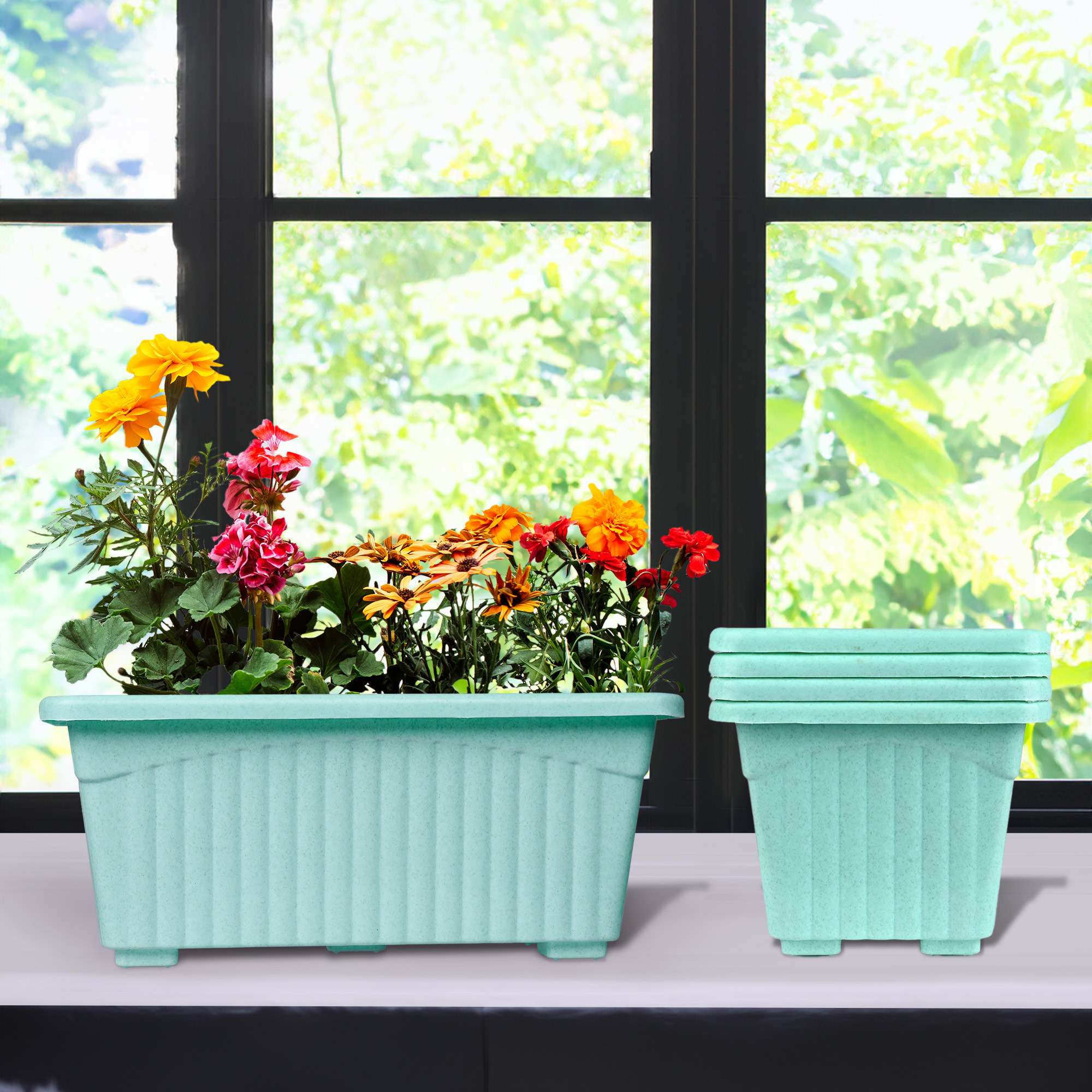 Kuber Industries Flower Pot | Flower Pot for Living Room-Office | Flower Planters for Home-Lawns & Gardening | Window Planters | Flower Pots for Balcony | Marble Jupitar | Green