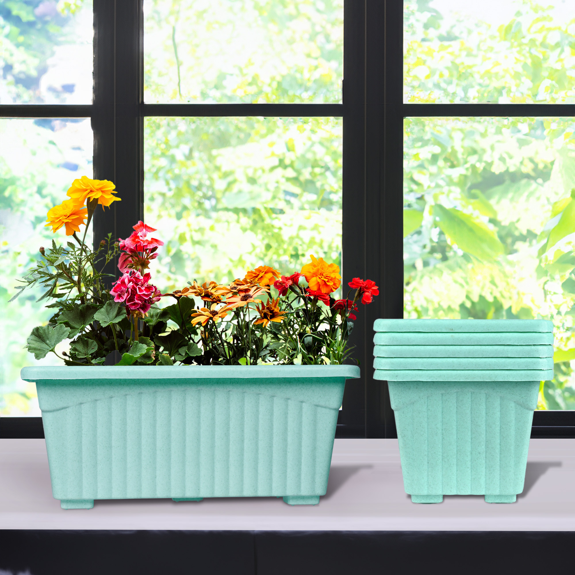 Kuber Industries Flower Pot | Flower Pot for Living Room-Office | Flower Planters for Home-Lawns & Gardening | Window Planters | Flower Pots for Balcony | Marble Jupitar | Green