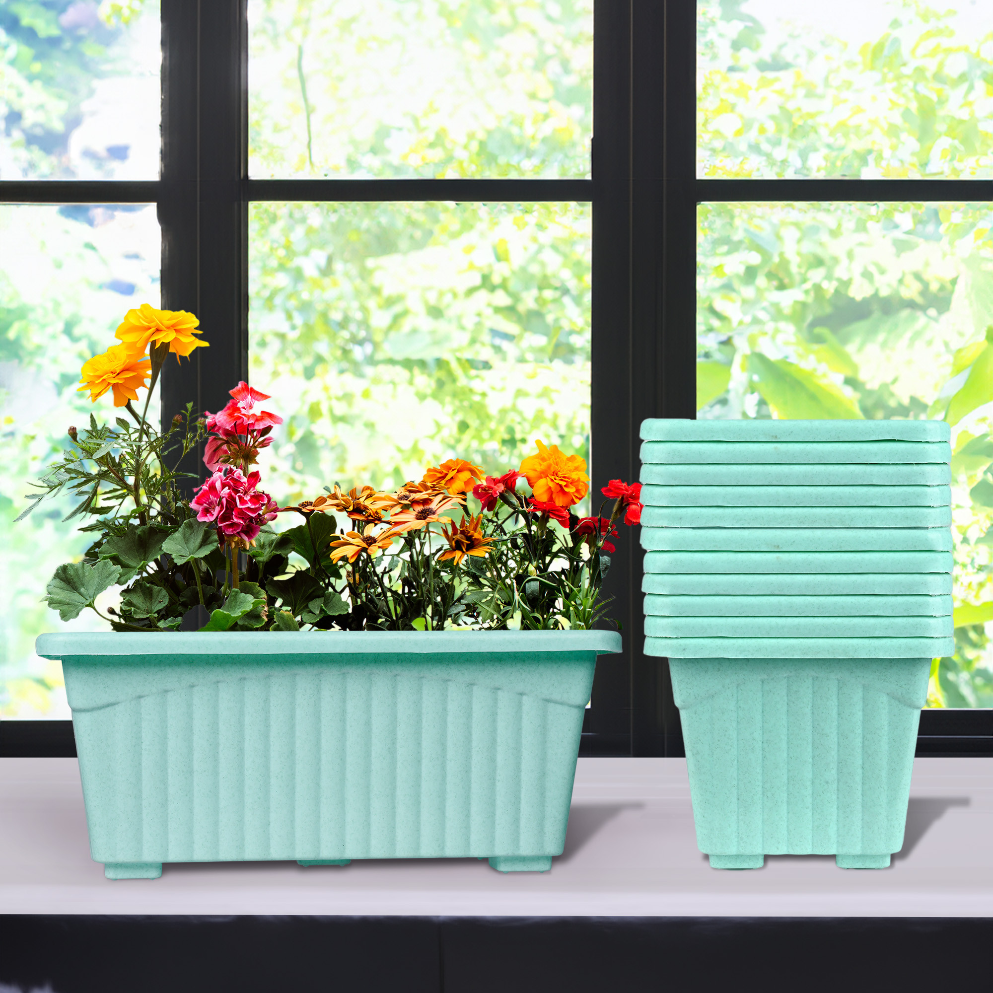 Kuber Industries Flower Pot | Flower Pot for Living Room-Office | Flower Planters for Home-Lawns & Gardening | Window Planters | Flower Pots for Balcony | Marble Jupitar | Green