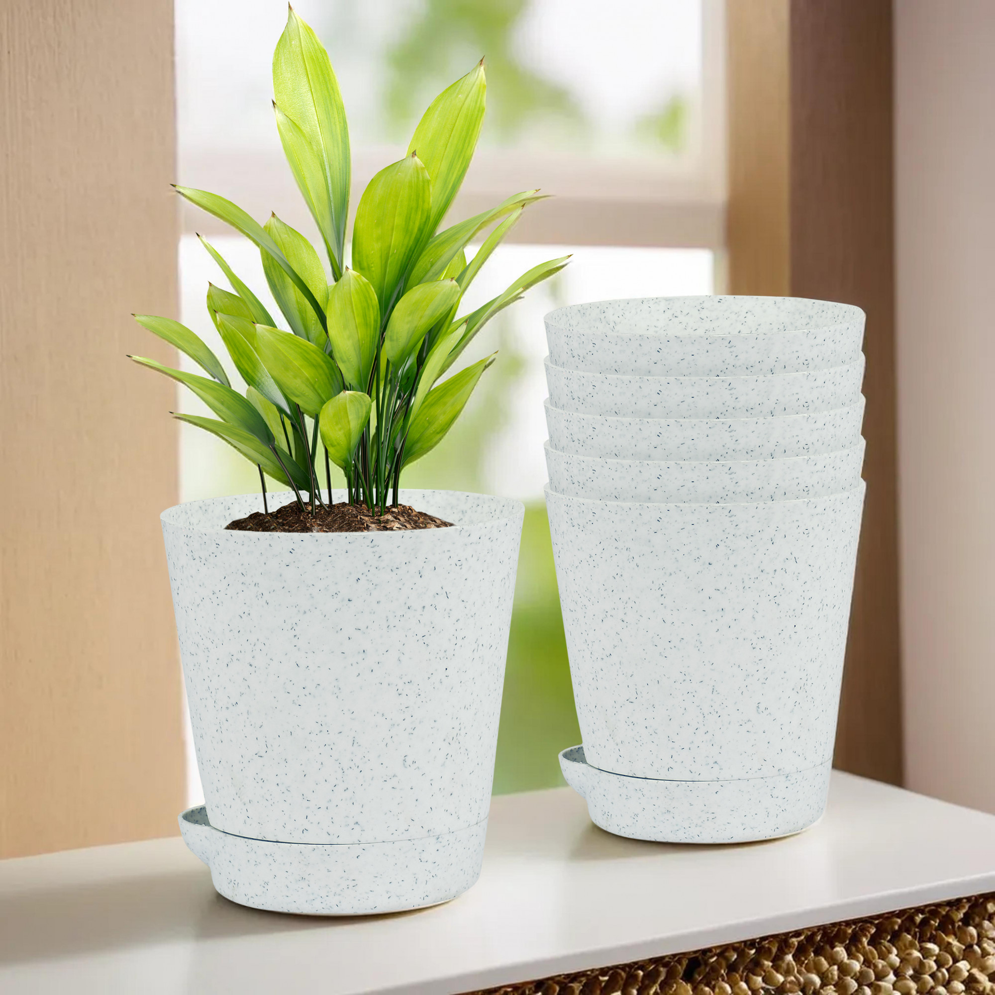 Kuber Industries Flower Pot | Flower Pot for Living Room-Office | Flower Planters for Home-office-Lawns & Garden Décor | Self Watering Flower Planters Pots | Marble Titan | 4 Inch | White