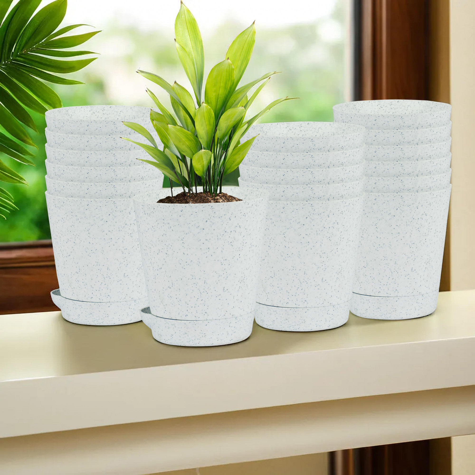 Kuber Industries Flower Pot | Flower Pot for Living Room-Office | Flower Planters for Home-office-Lawns & Garden Décor | Self Watering Flower Planters Pots | Marble Titan | 4 Inch | White