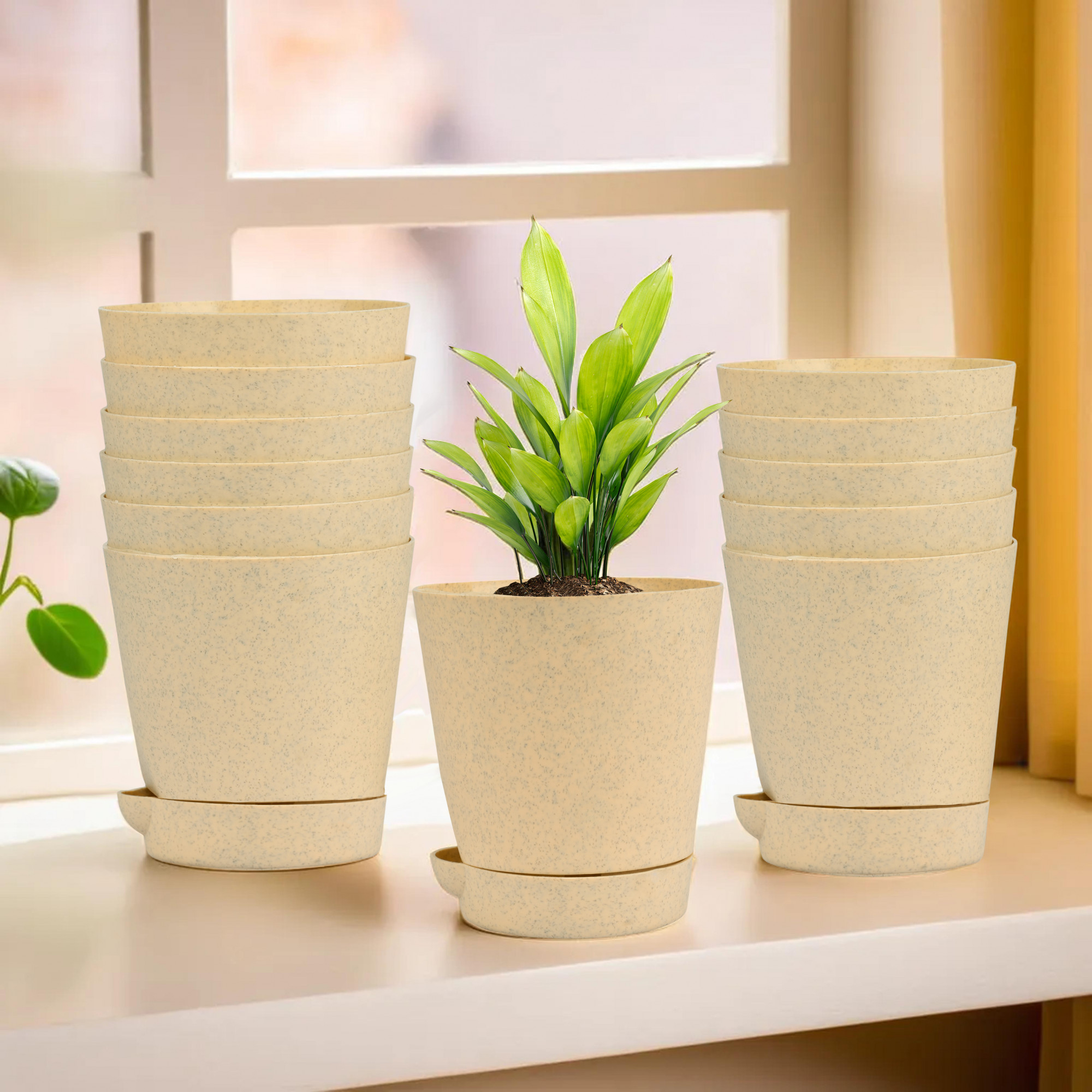 Kuber Industries Flower Pot | Flower Pot for Living Room-Office | Flower Planters for Home-office-Lawns & Garden Décor | Self Watering Flower Planters Pots | Marble Titan | 4 Inch | Beige