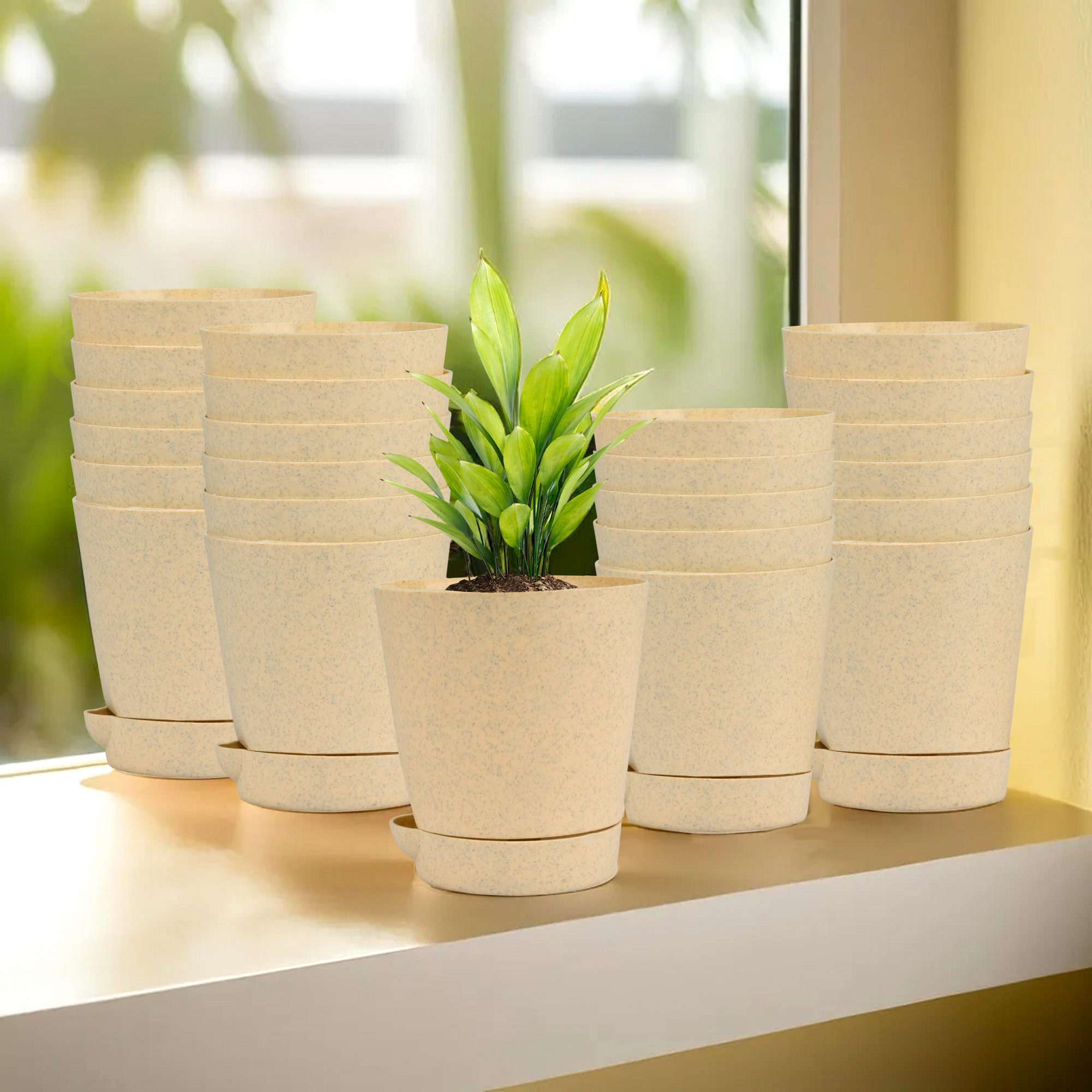 Kuber Industries Flower Pot | Flower Pot for Living Room-Office | Flower Planters for Home-office-Lawns & Garden Décor | Self Watering Flower Planters Pots | Marble Titan | 4 Inch | Beige