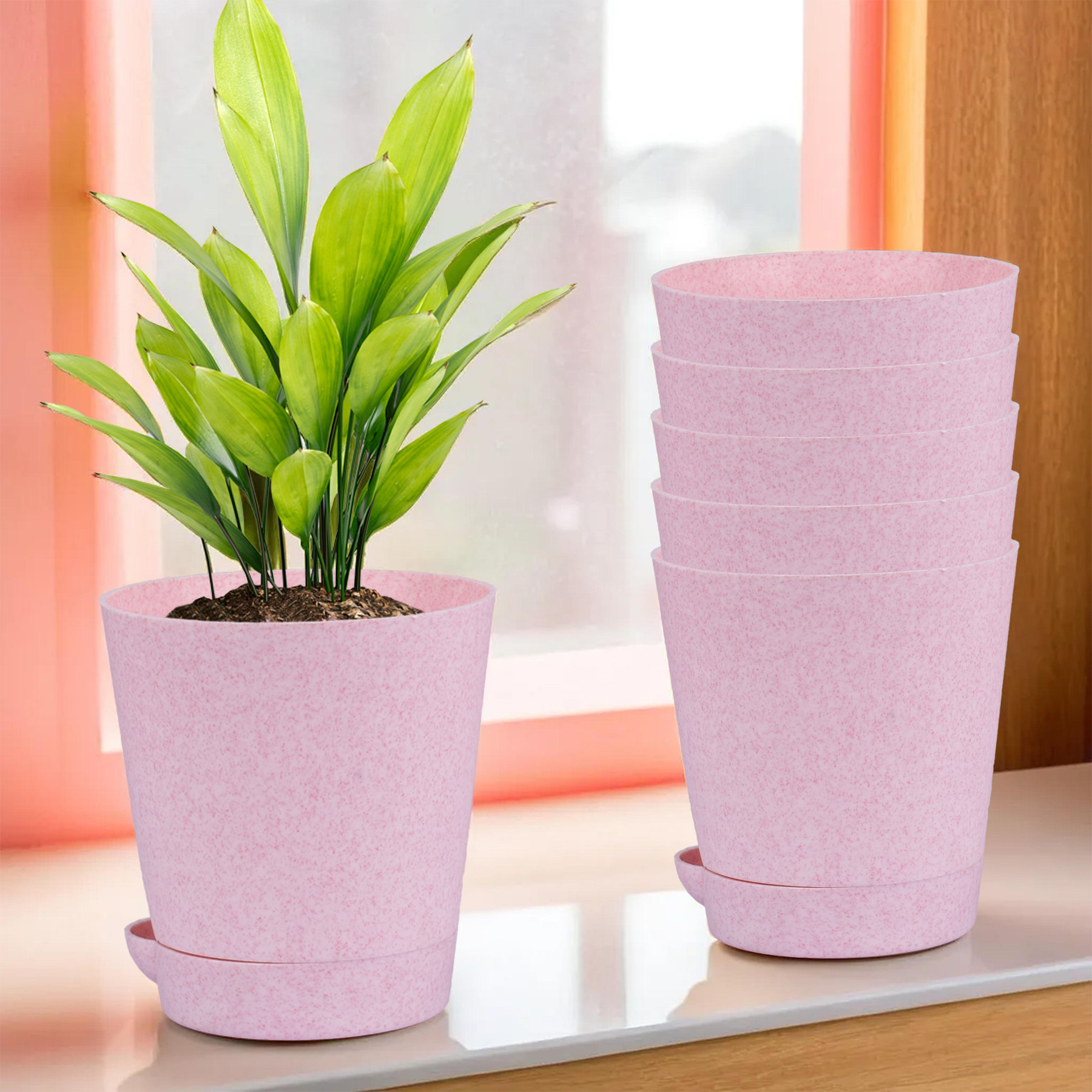 Kuber Industries Flower Pot | Flower Pot for Living Room-Office | Flower Planters for Home-office-Lawns & Garden Décor | Self Watering Flower Planters Pots | Marble Titan | 4 Inch | Pink