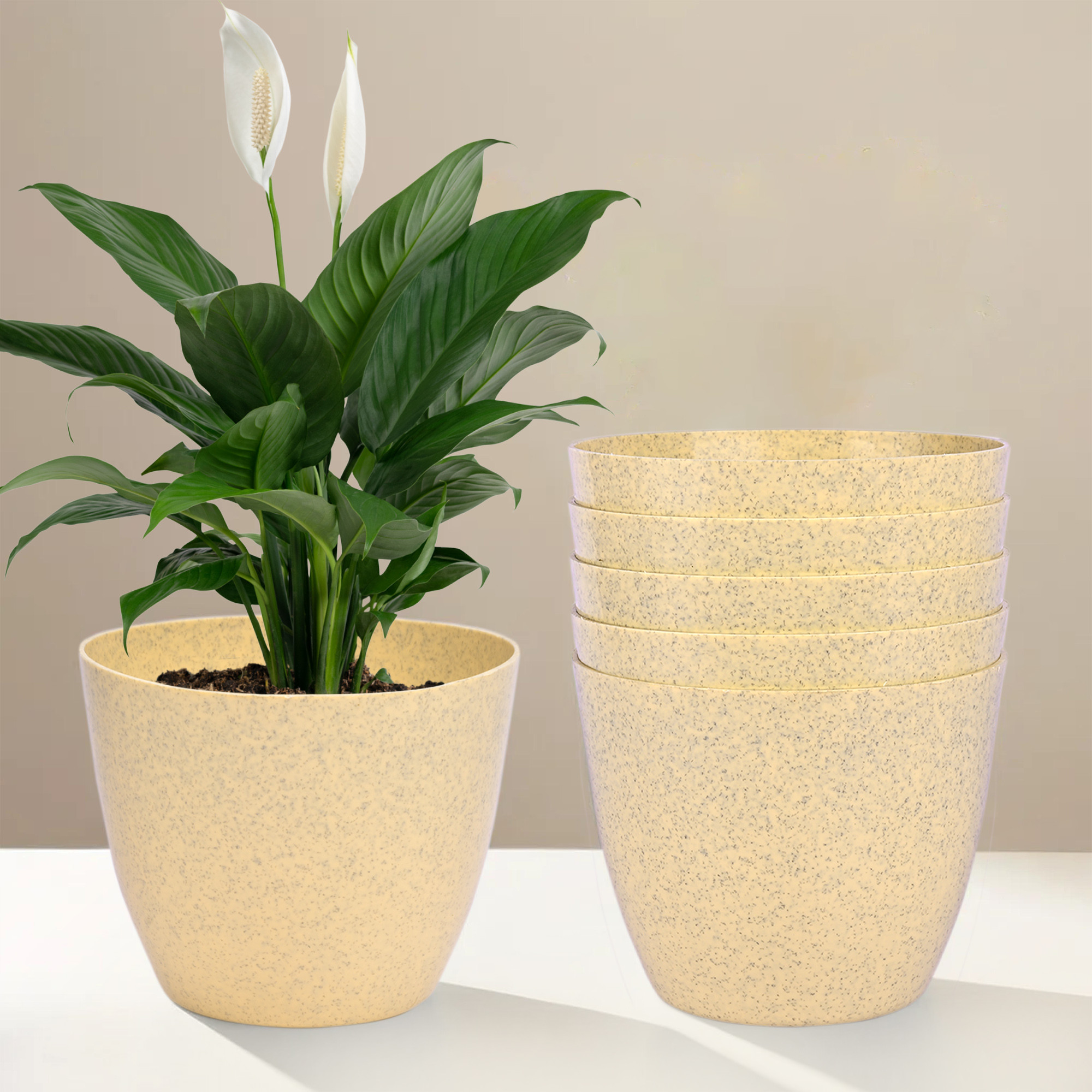 Kuber Industries Flower Pot | Flower Pot for Living Room-Office | Flower Planters for Home-office-Lawns & Garden Décor | Flower Planters Pots for Balcony | Marble Cool | 5 Inch | Beige