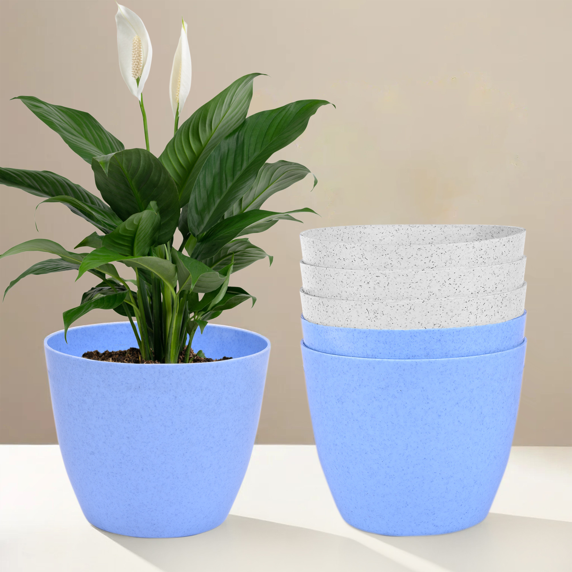 Kuber Industries Flower Pot | Flower Pot for Living Room-Office | Flower Planters for Home-office-Lawns & Garden Décor | Planters Pots for Balcony | Marble Cool | 5 Inch | Blue & White
