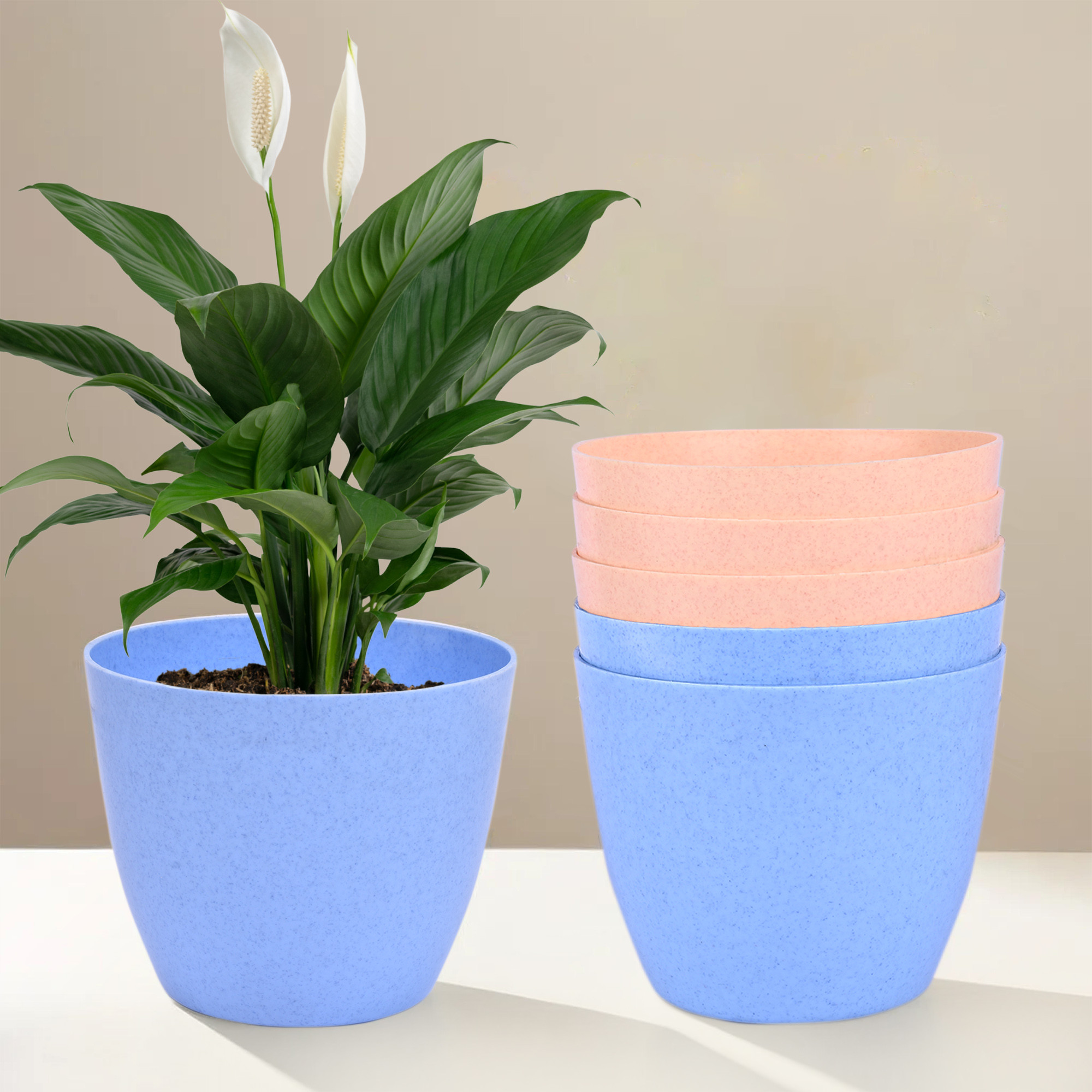 Kuber Industries Flower Pot | Flower Pot for Living Room-Office | Flower Planters for Home-office-Lawns & Garden Décor | Planters Pots for Balcony | Marble Cool | 5 Inch | Blue & Peach