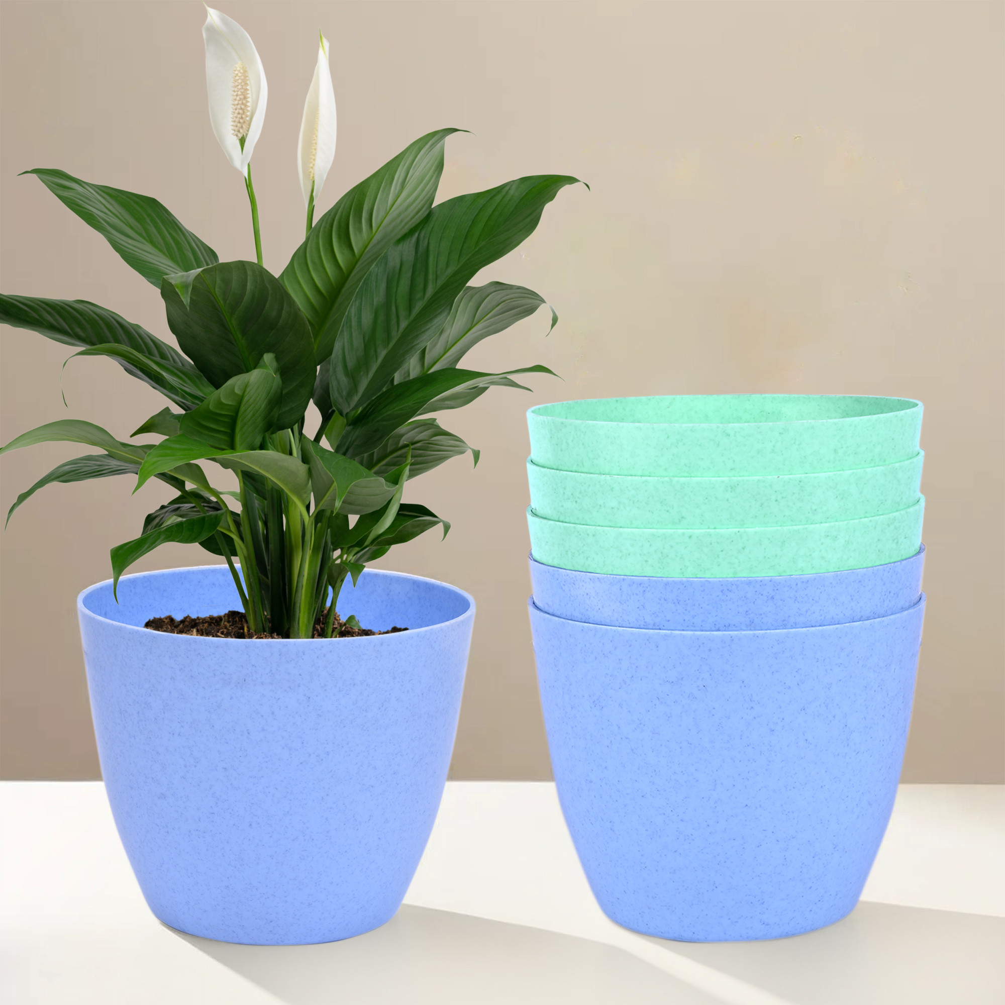 Kuber Industries Flower Pot | Flower Pot for Living Room-Office | Flower Planters for Home-office-Lawns & Garden Décor | Flower Pots for Balcony | Marble Cool | 5 Inch | Blue & Mint Green