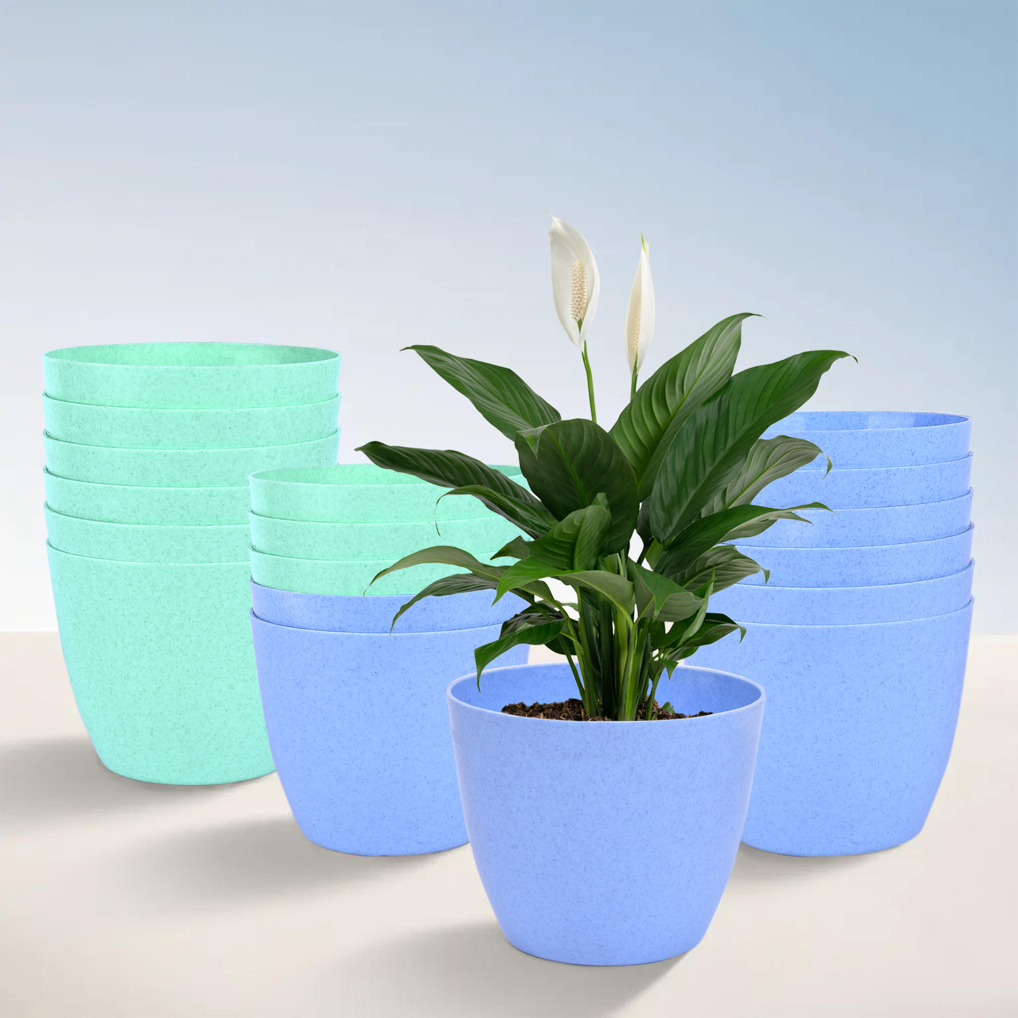 Kuber Industries Flower Pot | Flower Pot for Living Room-Office | Flower Planters for Home-office-Lawns & Garden Décor | Flower Pots for Balcony | Marble Cool | 5 Inch | Blue & Mint Green