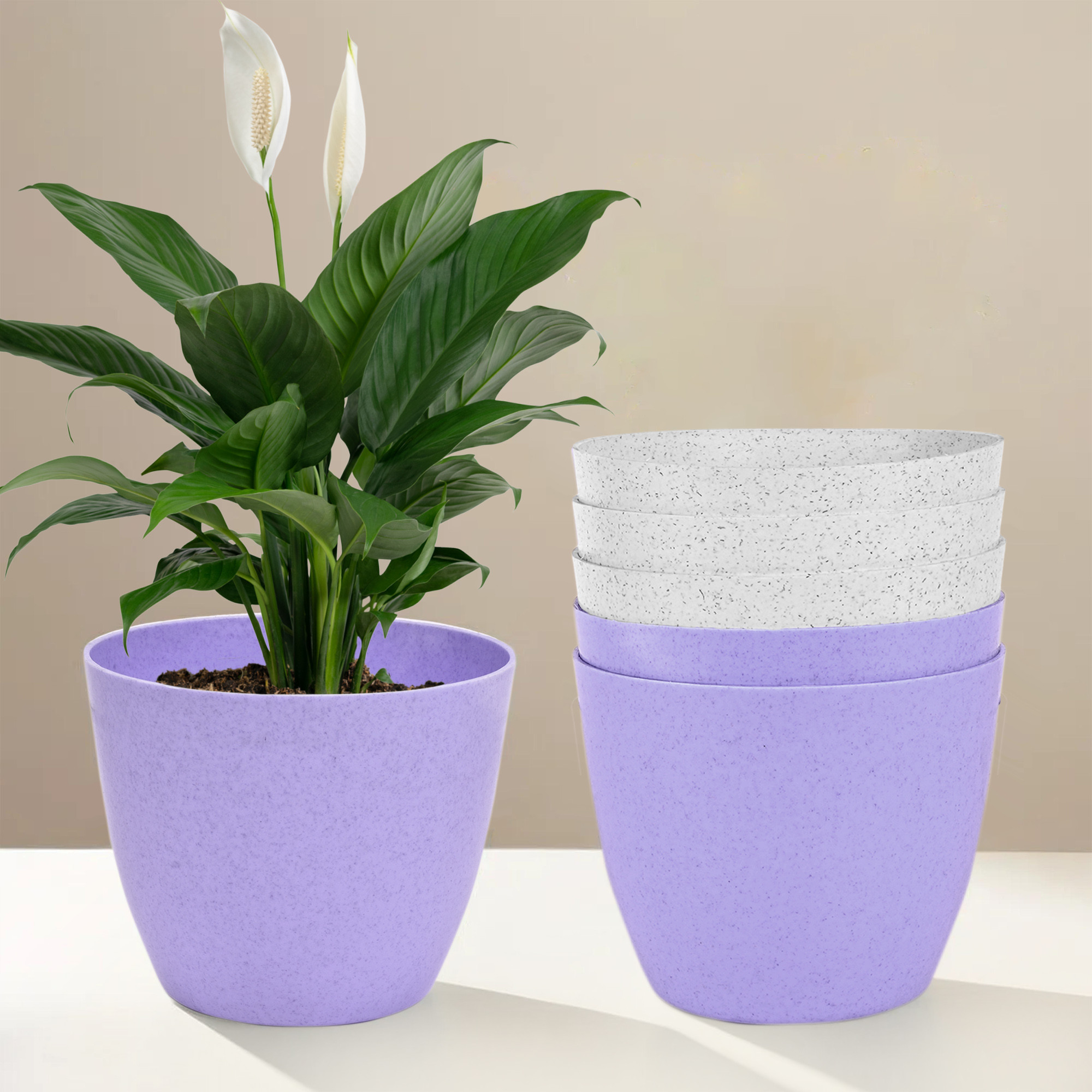 Kuber Industries Flower Pot | Flower Pot for Living Room-Office | Flower Planters for Home-office-Lawns & Garden Décor | Planters Pots for Balcony | Marble Cool | 5 Inch | Purple & White
