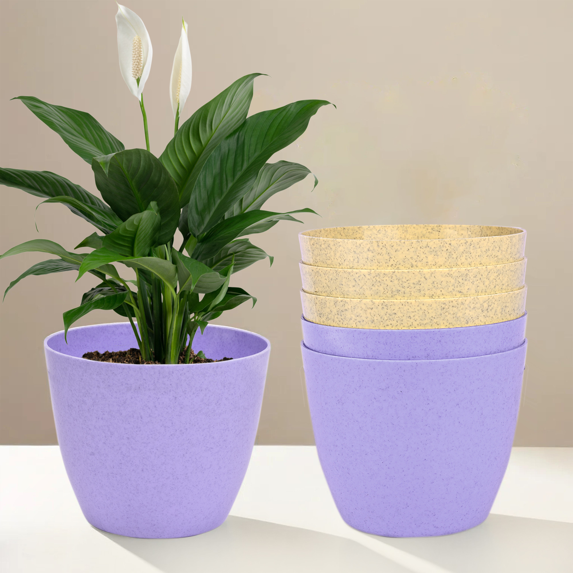 Kuber Industries Flower Pot | Flower Pot for Living Room-Office | Flower Planters for Home-office-Lawns & Garden Décor | Planters Pots for Balcony | Marble Cool | 5 Inch | Purple & Beige