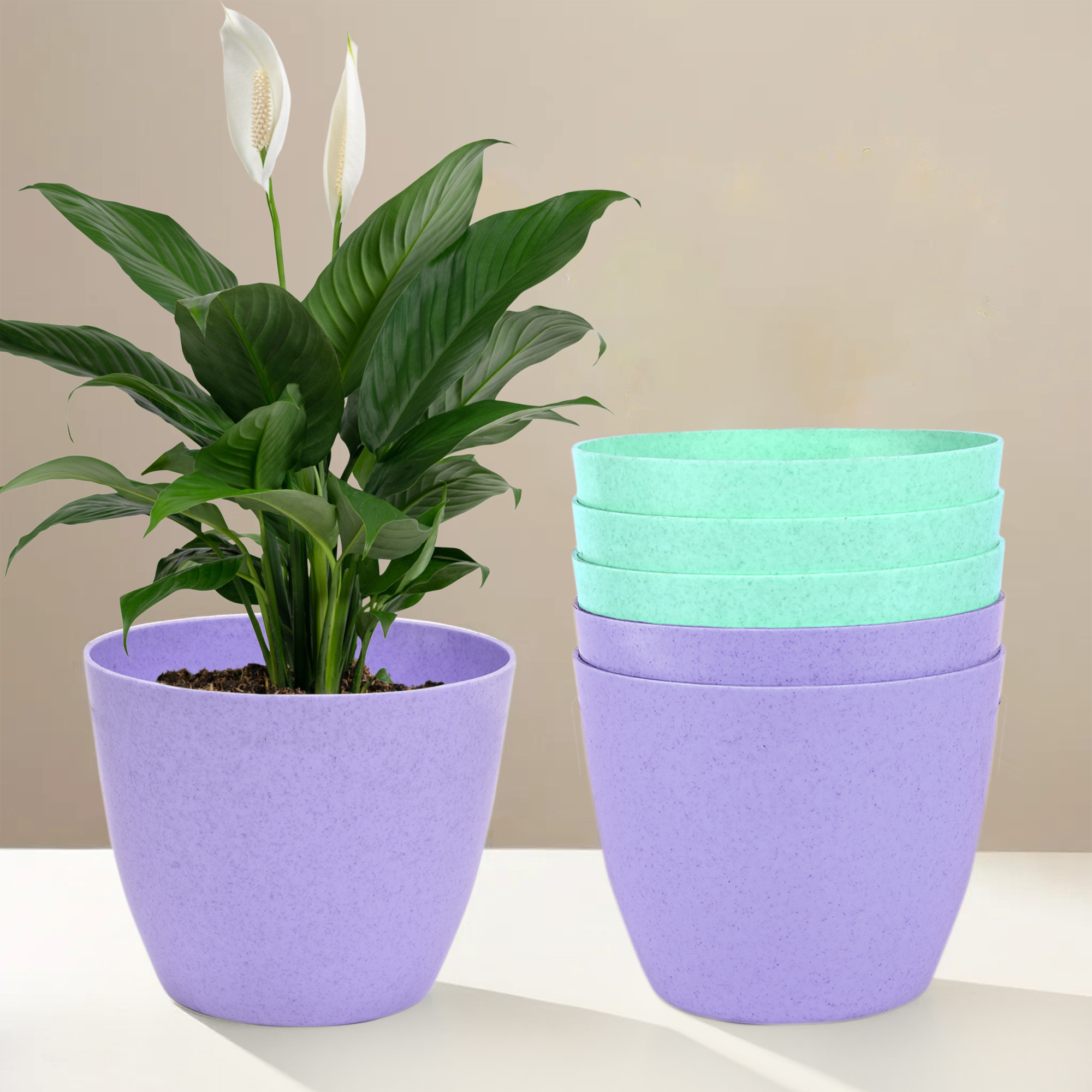 Kuber Industries Flower Pot | Flower Pot for Living Room-Office | Flower Planters for Home-office-Lawns & Garden Décor | Flower Pots for Balcony | Marble Cool | 5 Inch | Purple & Mint Green
