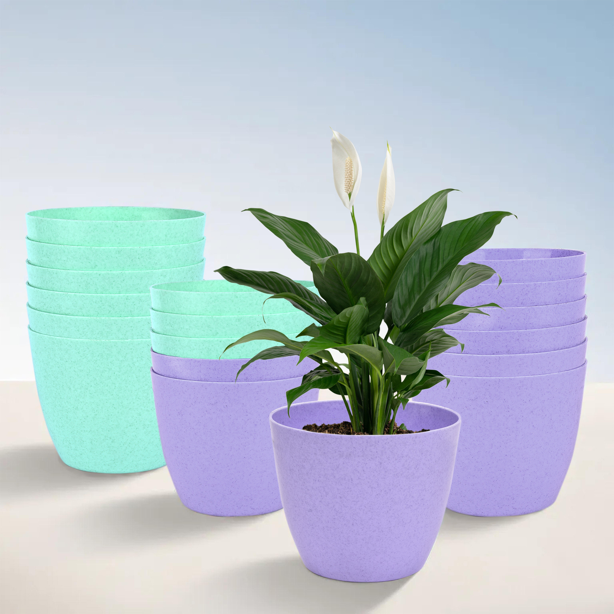 Kuber Industries Flower Pot | Flower Pot for Living Room-Office | Flower Planters for Home-office-Lawns & Garden Décor | Flower Pots for Balcony | Marble Cool | 5 Inch | Purple & Mint Green