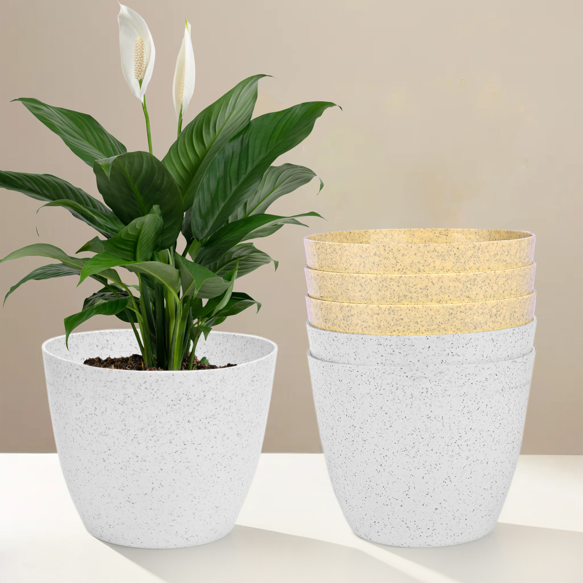 Kuber Industries Flower Pot | Flower Pot for Living Room-Office | Flower Planters for Home-office-Lawns & Garden Décor | Planters Pots for Balcony | Marble Cool | 5 Inch | White & Beige