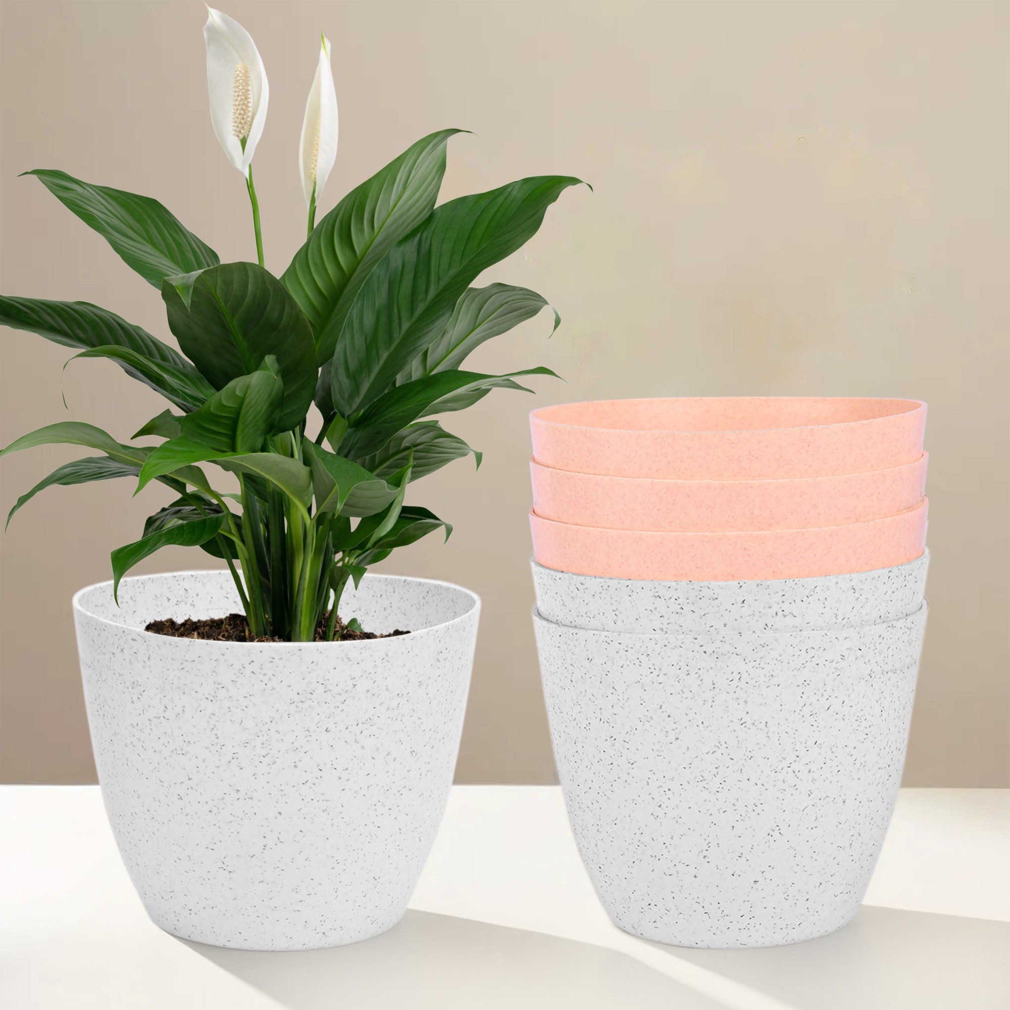 Kuber Industries Flower Pot | Flower Pot for Living Room-Office | Flower Planters for Home-office-Lawns & Garden Décor | Planters Pots for Balcony | Marble Cool | 5 Inch | White & Peach
